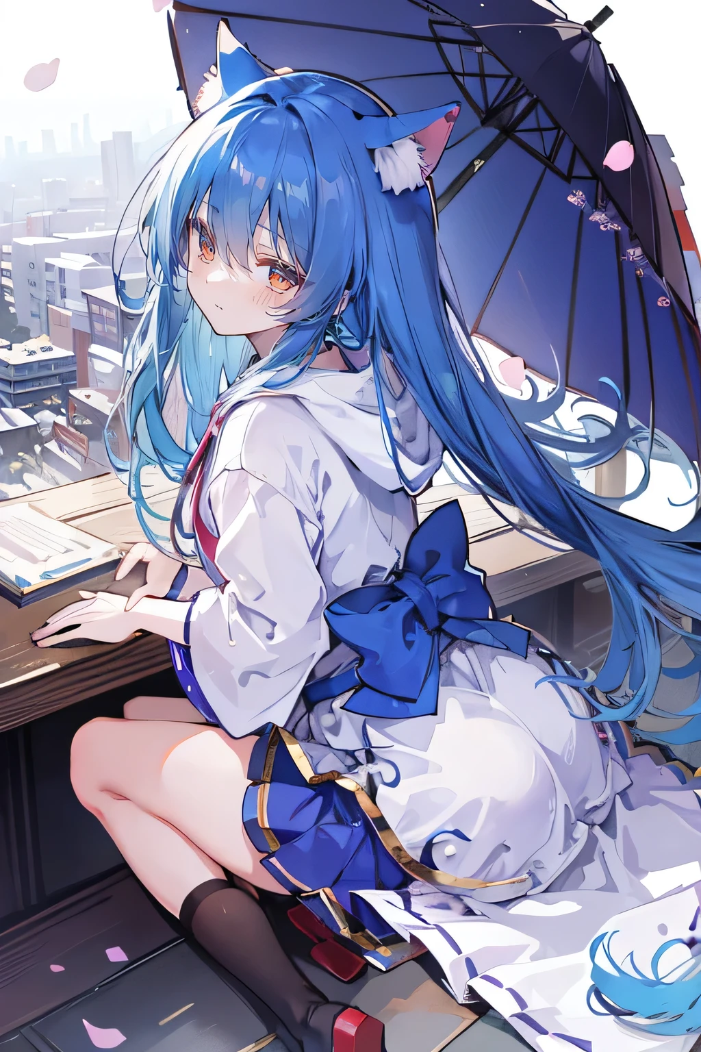 （masterpiece：1.2），Super detailed，lifelike，Expressive eyes，fair skin，perfect face shape，1 girl，
Japanese comics,Gorgeous blue hair,flowing blue hair,flowing clothes,Cat ears,Petals fall,beautiful lola,Baby Angel,
Cross your legs，Gentle and peaceful background，The pavilion is cool and comfortable,smile, wearing hoodie, background of tokyo,back views,snowing, winter.