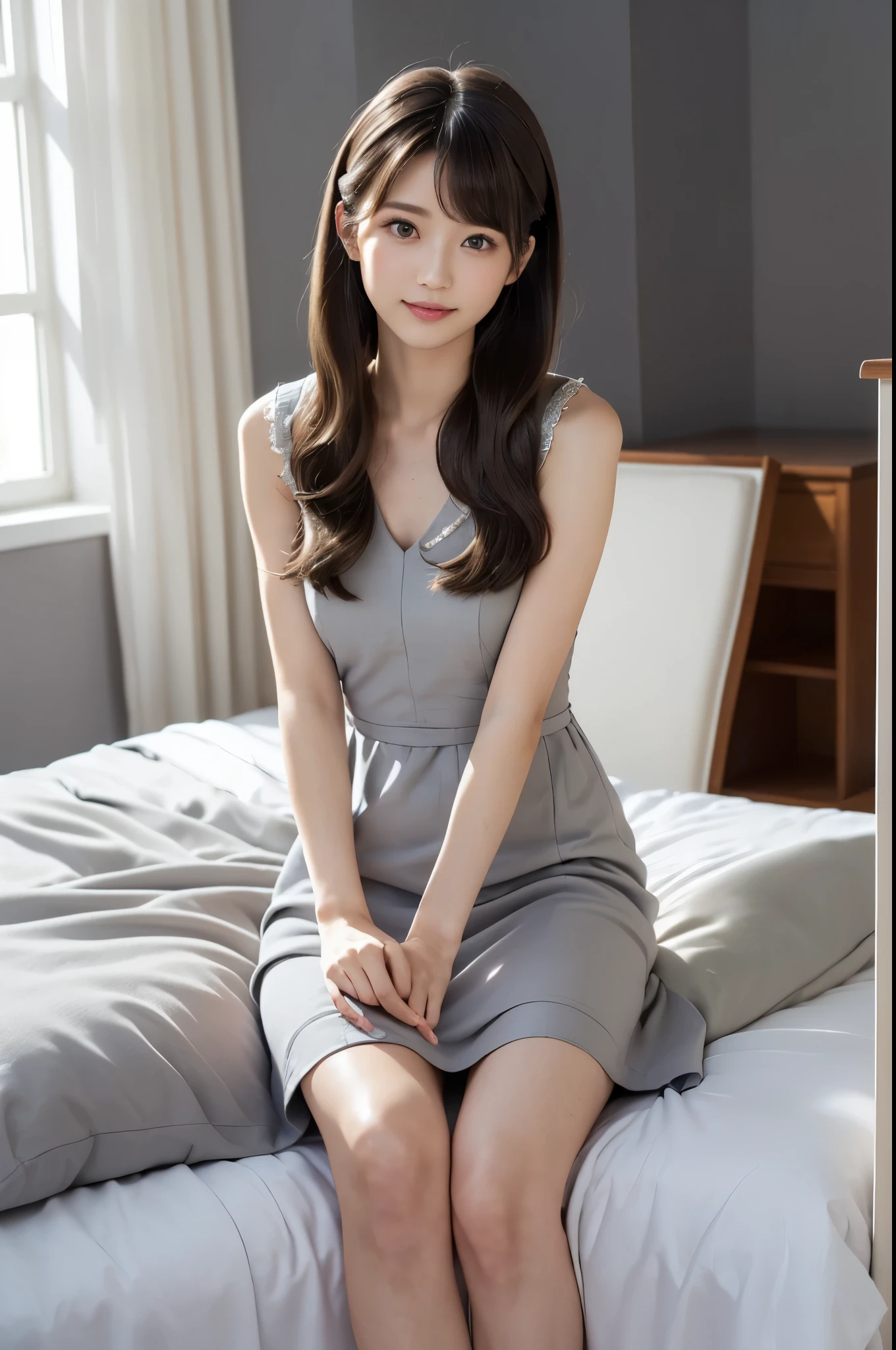 (Highest quality:1.9)、(High resolution)、Live-action image quality、((Neat and clean female college student、1 person))、Soft lighting by a professional photographer、Natural light、((Very spacious white luxurious room:1.6))、((Bright white room:1.6))、(Sitting on a very luxurious white bed:1.2)、(White Bookcase:1.1)、Natural soft light、((Brown Hair:1.1))、Fair skin、Detailed Eyes、double eyelid、Slightly puffy cheeks、((Small Face:1.0))、((Grey dress、Please wear it with the chest open.:1.8))、Live-action image quality、(I don't make bangs:1.8)、F cup big breasts、Cleavage、(smile)、((Girly pose 1.8))、((Long hair without bangs:1.5))、((Full Body Shot:1.2))、((Height: 150cm))、Hands in front、Hide your hands between your legs、((Hairstyle that exposes the forehead:1.8))、