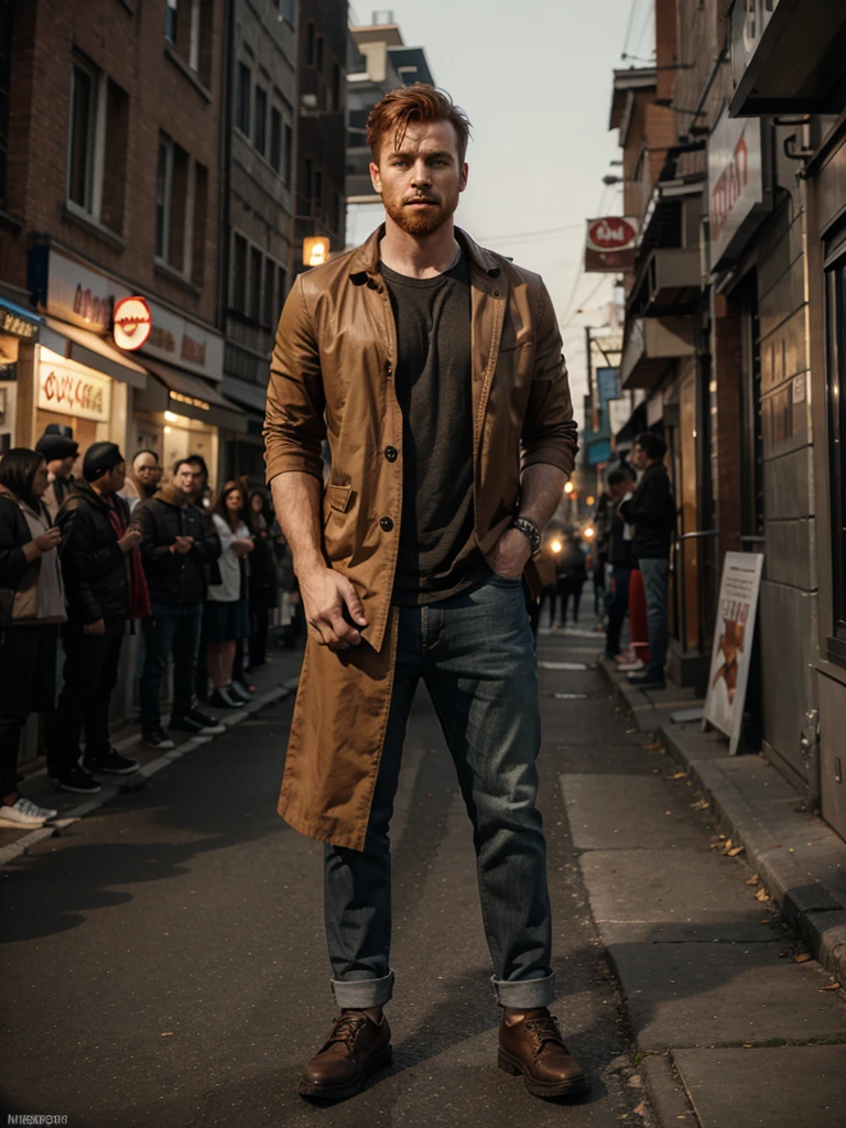 A full body view of a ginger male werewolf wearing clothes that werewolves typically wear.