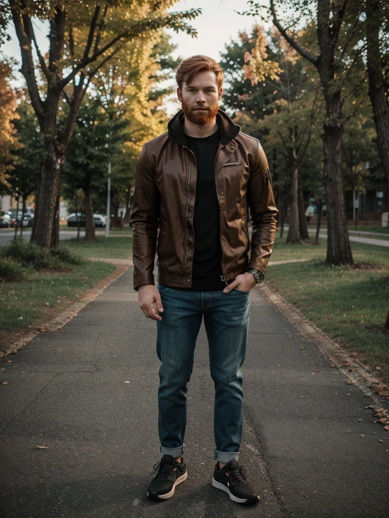 A full body view of a ginger male werewolf wearing clothes that werewolves typically wear.