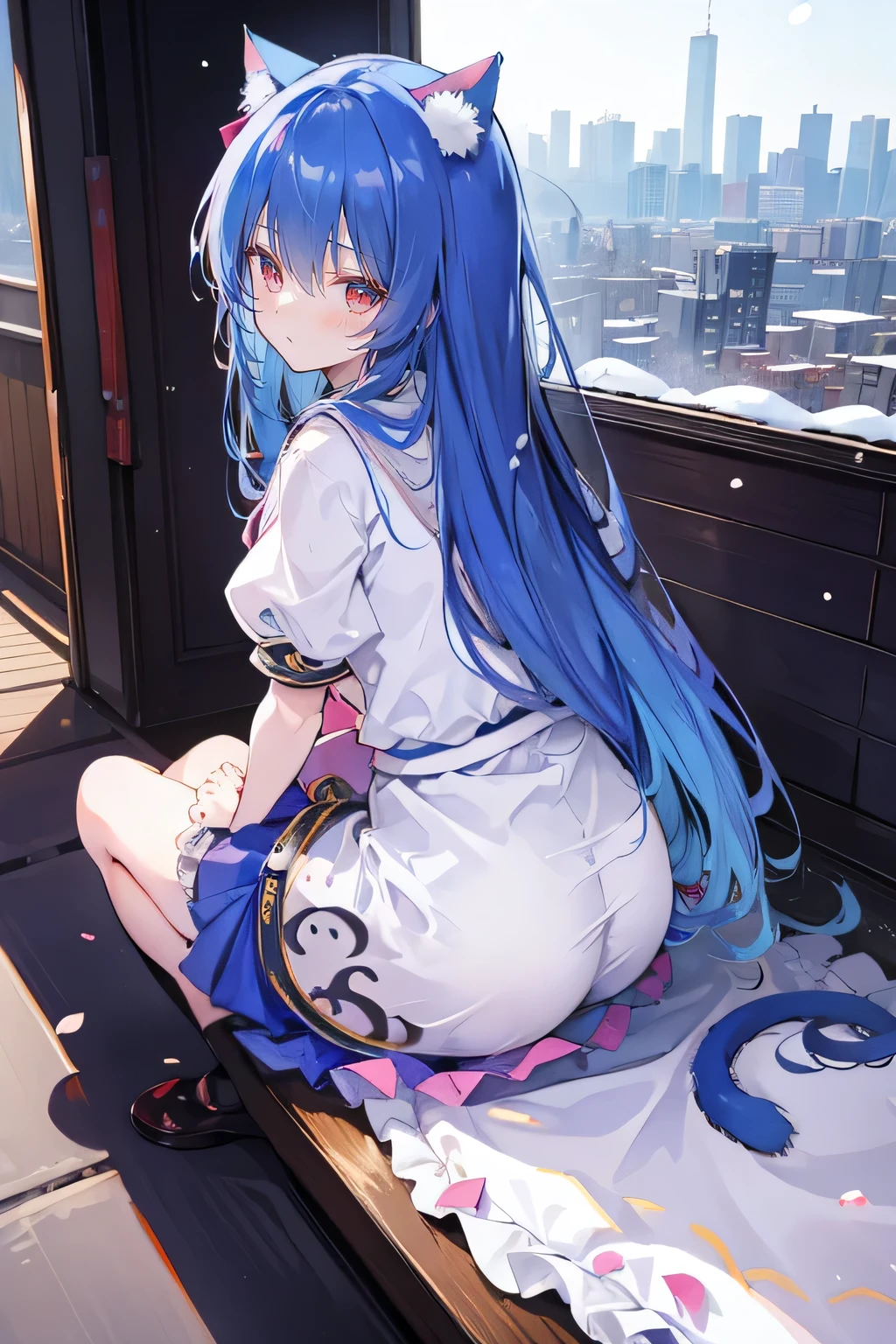 (masterpiece:1.uper detailed,lifelike,Expressive eyes,fair skin,perfect face shape,1 girl,
Japanese comics,Gorgeous blue hair,flowing blue hair,flowing clothes,Cat ears,Petals fall,beautiful lola,Baby Angel,
Cross your legs,Gentle and peaceful background,The pavilion is cool and comfortable,smile, wearing hoodie, background of tokyo,back views,snowing, winter.