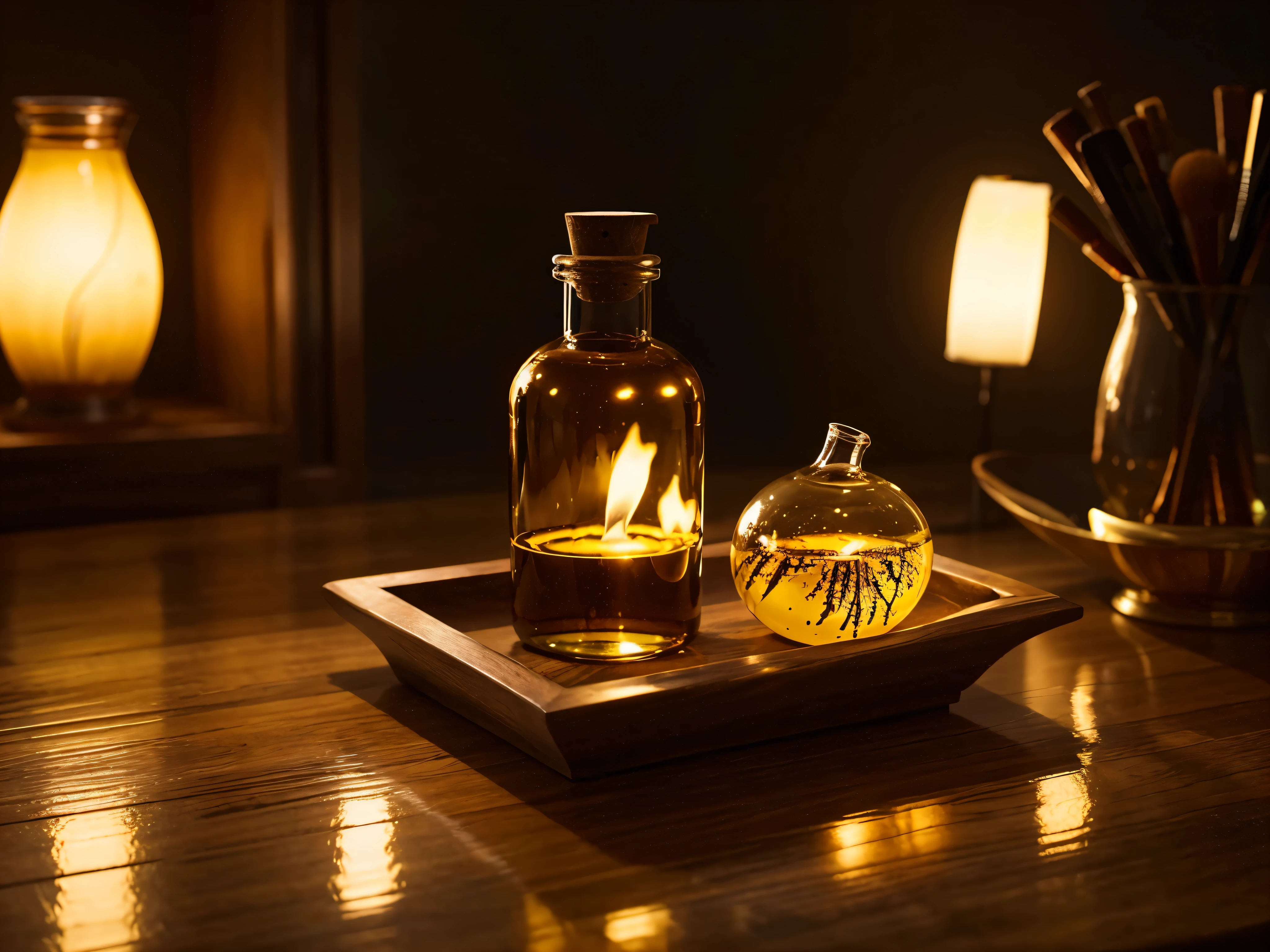 A strikingly vibrant solution, Povidone Iodine stands out with its rich amber hue and shimmering texture. Used primarily as an antiseptic, this liquid is captured in a stunning photograph where every gleam and shadow is meticulously highlighted. The high-definition image showcases the fluid's intricate details, from its smooth glass bottle to its elegant label, creating an enthralling display of beauty and practicality. This picture seamlessly combines functionality with visual appeal, making it a captivating example of the artistry found in everyday items.