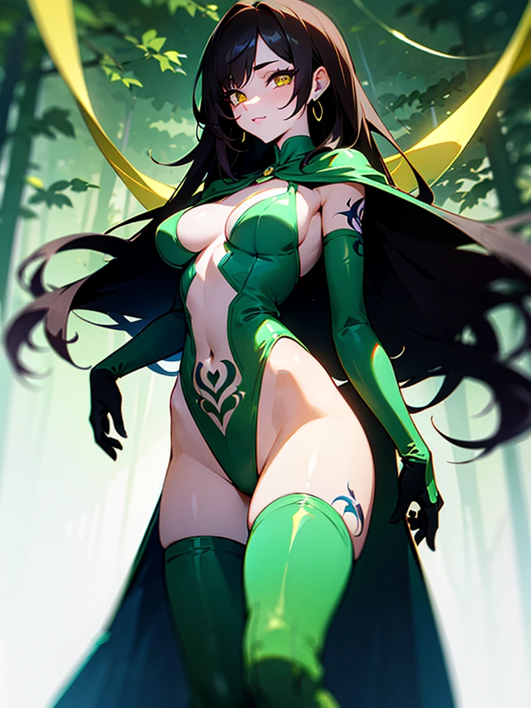 (dark hair with slight blue hue, long hair) , yellow slit eyes, in forest, tight leotard,open on abdomen from cleavage to below belly button with belly showing, massive tits, small green cape over her right shoulder, thigh-high boots, green gloves, snake tattoo on left leg and scales tattoo under her left eye,nice lighting