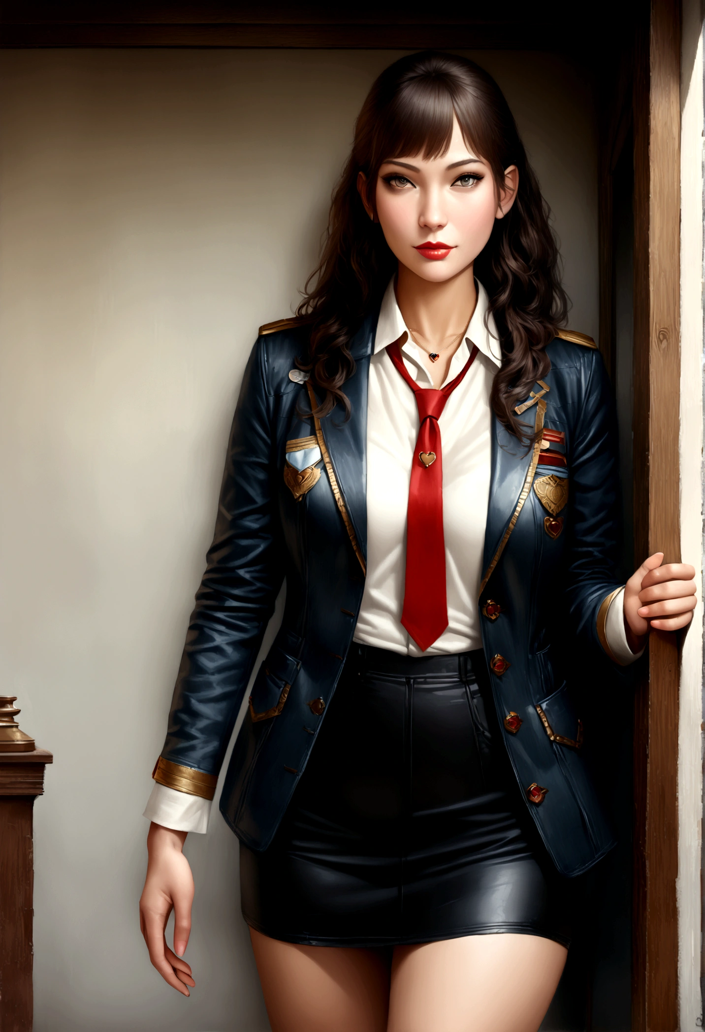 detailed portrait of a beautiful girl wearing a white shirt, red tie, dark blue suit jacket, dark blue miniskirt, white thigh-high socks, and a heart-shaped pendant, (best quality,4k,8k,highres,masterpiece:1.2),ultra-detailed,(realistic,photorealistic,photo-realistic:1.37)