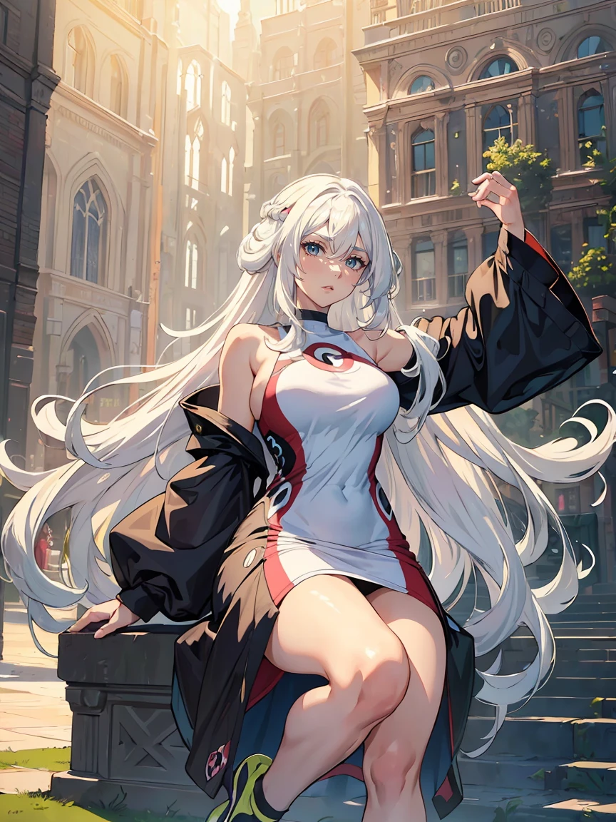 handsome mature woman,Long wavy white hair,Hyperresolution,accuracy,Detailed rendering,(Subtle facial image)(Image of fine hair)(topquality)(Masterpieces of masters)(High degree of completeness)(A sense of atmosphere)tmasterpiece,Super detailed and super detailed(half-body portrait)((Masterpiece, Highest quality)), Detailed face, CharacterDesignSheet, Full of details, Multiple poses and expressions, Highly detailed, Depth, Many parts,Beautiful,Extremely beautiful,High Balance, Natural light, drawn art style, white hair, curly hair down to ankles, ankle length hair, (((Ankle length hair))) (((thick hair))) (((pokemon trainer)))(((Pokemon gym leader))))(((Gym clothes)))(((Sporty outfit)))(((nO DRESS))) (((bAEBALL CAP)))(((Gym outfit)))(((Workout outfit)))(((Portrait)))(((Looking fierce)))(((Fierce expression)))