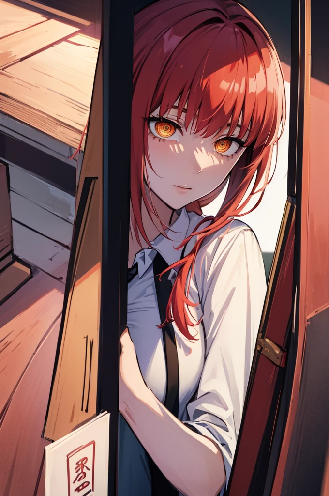 masterpiece, best quality, (extremely detailed CG unity 8k wallpaper, masterpiece, best quality, ultra-detailed, best shadow), (detailed background), (beautiful detailed face, beautiful detailed eyes), High contrast, (best illumination, an extremely delicate and beautiful),1girl,((colourful paint splashes on transparent background, dulux,)), ((caustic)), dynamic angle,beautiful detailed glow,full body, blood splash on face. close up of a woman, anime girl with red hair and a white shirt and tie, a character portrait by Yang J, pixiv, shin hanga, portrait of an anime girl, female anime character, portrait anime girl, portrait of asuka langley soryu, beautiful anime portrait, detailed portrait of anime girl, anime character, realistic anime artstyle, anime girl portrait, anime character portrait, bangs