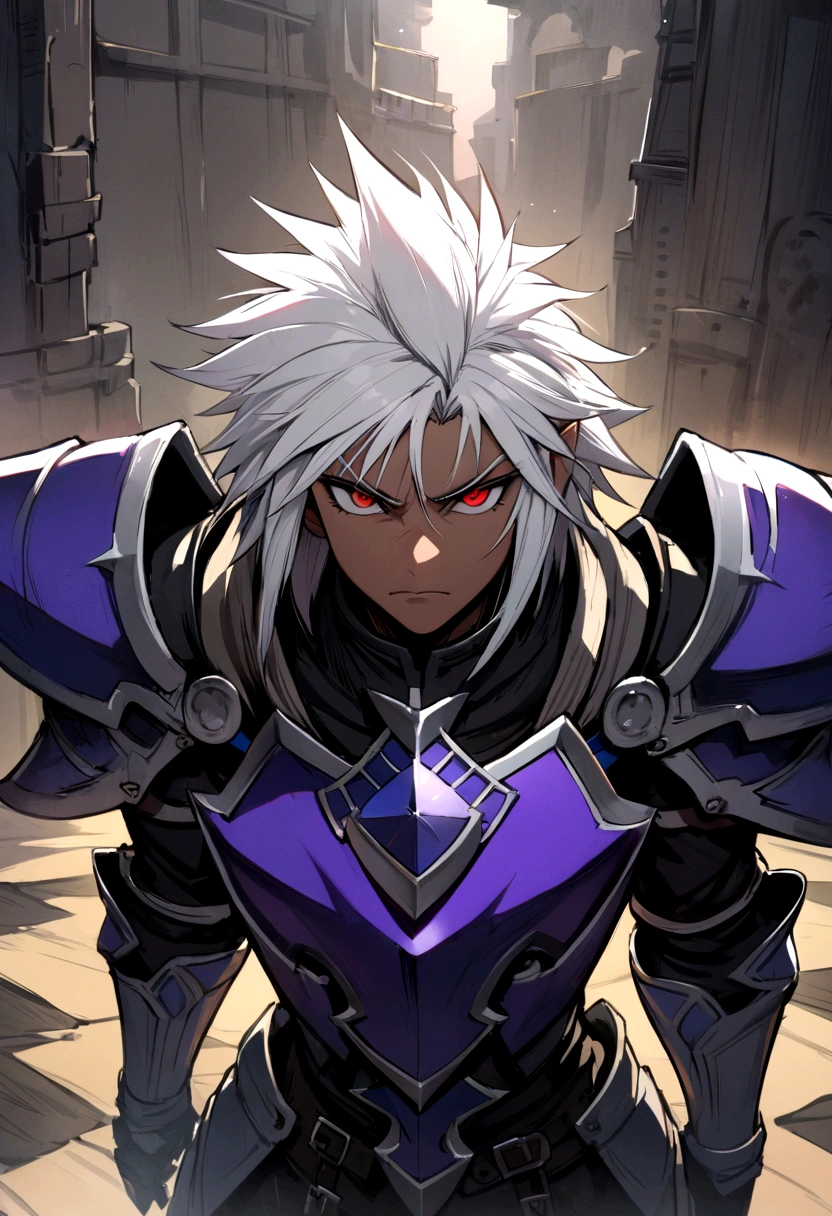 ((best quality)), ((masterpiece)), (detailed), ((boy)),, (dungeonpunk) , red eyes, (long white hair), Xemnas from Kingdom Hearts, half-drow, purple brown skinned, (full knight armor), paladin, serious face