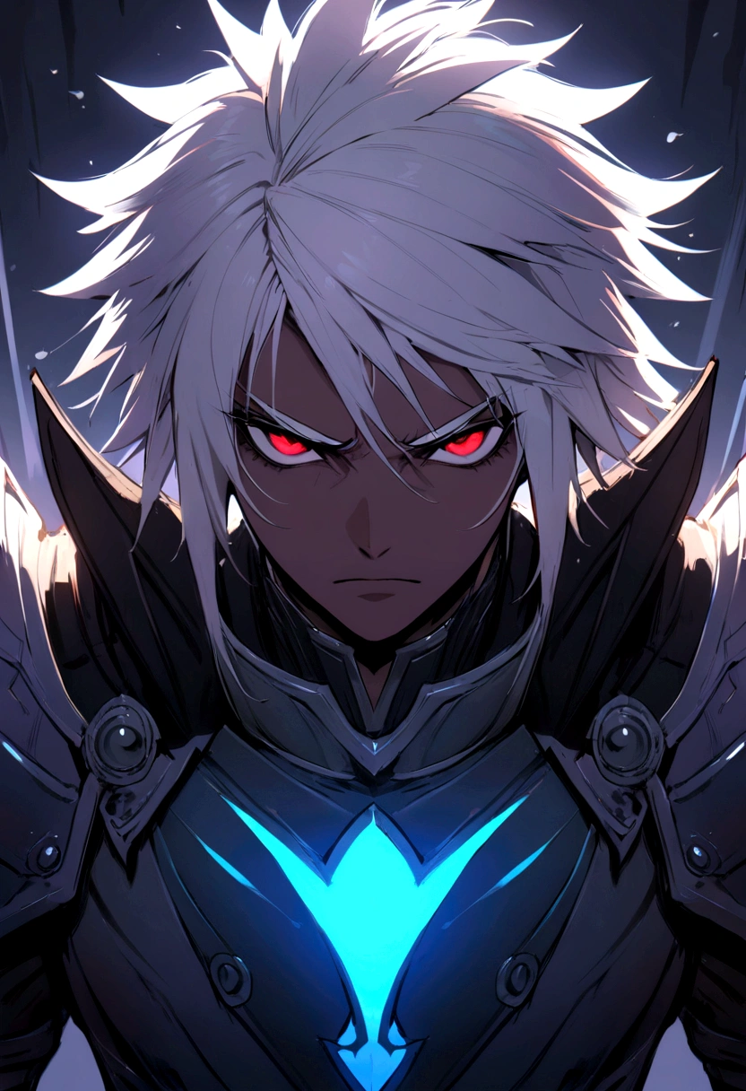 ((best quality)), ((masterpiece)), (detailed), ((boy)),, (dungeonpunk) , red eyes, (long white hair), Xemnas from Kingdom Hearts, half-drow, purple brown skinned, (full knight armor), paladin, serious face