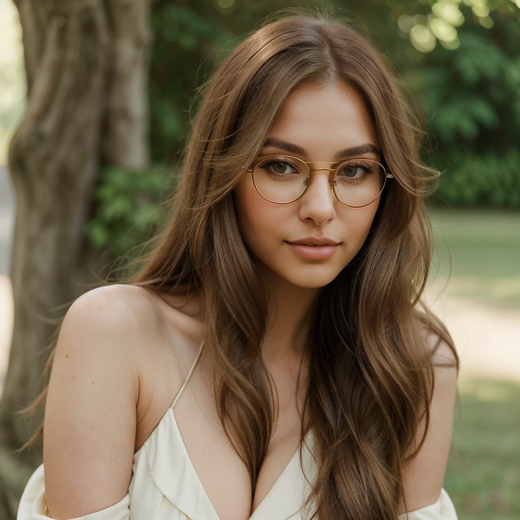 A very beautiful woman with long, silky chestnut hair, captivating natural green and brown eyes, and full but not overly large lips. She is wearing stylish round brown eyeglasses with thick frames. The photo is cropped below her bust. She has a graceful and serene expression, and her hair falls gently around her shoulders. The background is simple and neutral to highlight her features