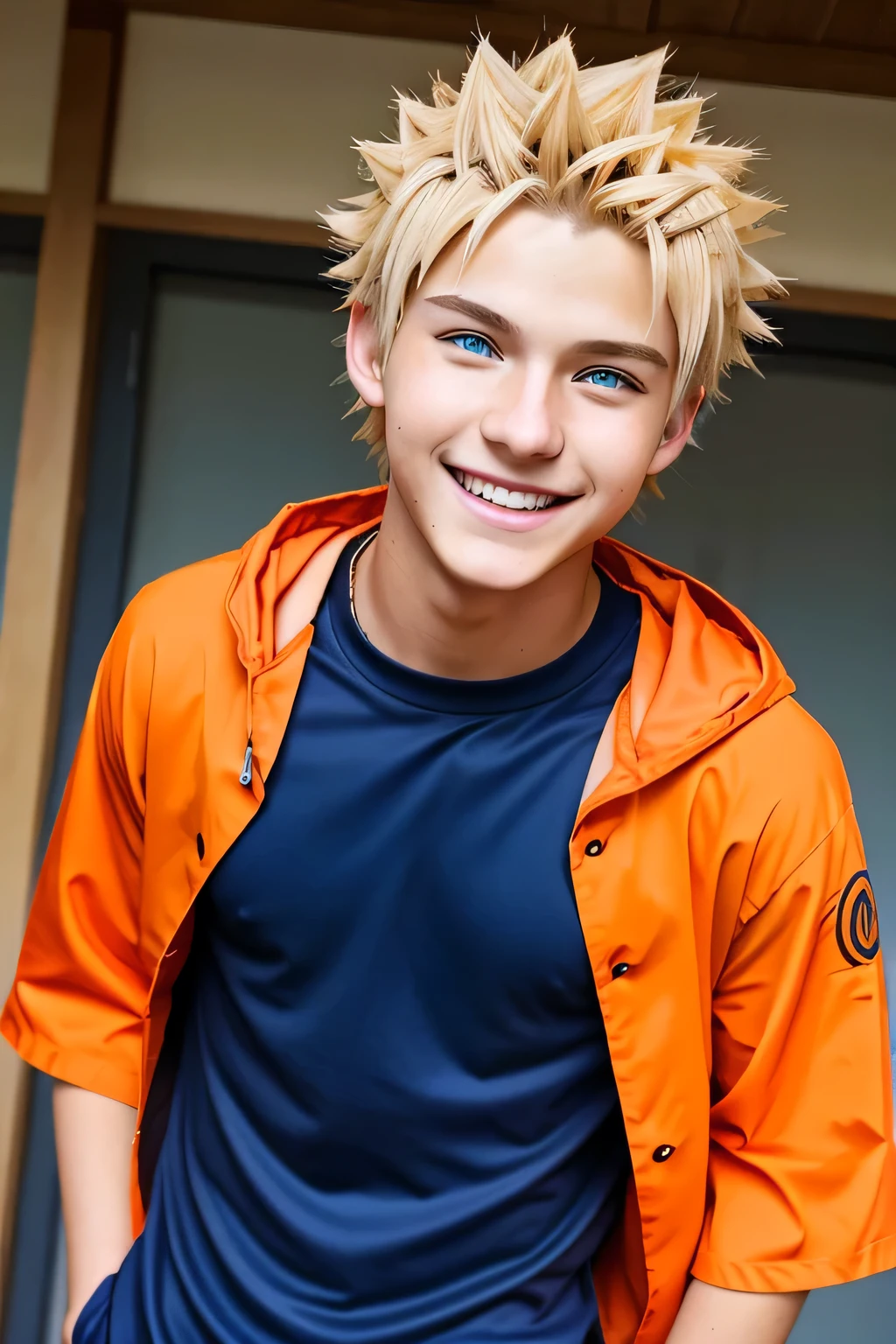 19 year old boy with , short blonde hair, frizzy hair, blue eyes big Smiling , Wearing orange Naruto-style ninja clothingThe boy looks like Naruto