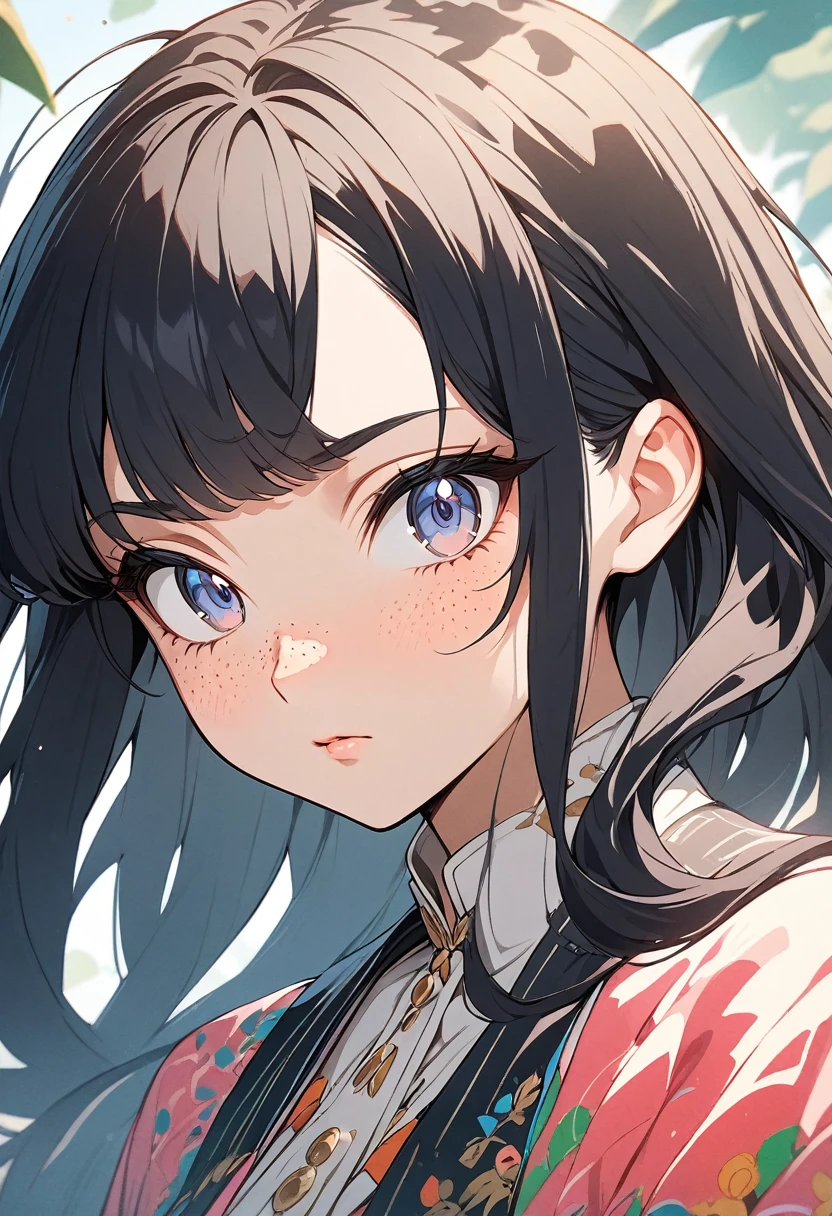 masterpiece, Highest quality, {Highest quality}, {{masterpiece}}, {High resolution}, concentrated, Anime Style, Woman cartoon closeup, Girl Design, Portraiture, Gisha, Anime Images, Long Hair, Black Hair, Straight eyes, Hair covering the ears, Sophisticated and powerful appearance, exotic, expensive, freckles, Hilarious, Classic attire, colorful, color