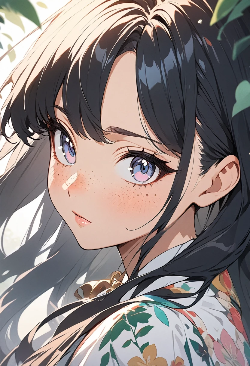 masterpiece, Highest quality, {Highest quality}, {{masterpiece}}, {High resolution}, concentrated, Anime Style, Woman cartoon closeup, Girl Design, Portraiture, Gisha, Anime Images, Long Hair, Black Hair, Straight eyes, Hair covering the ears, Sophisticated and powerful appearance, exotic, expensive, freckles, Hilarious, Classic attire, colorful, color
