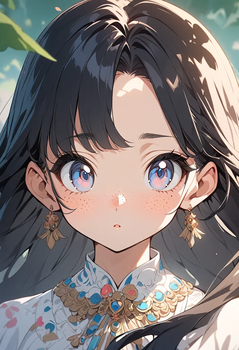 masterpiece, Highest quality, {Highest quality}, {{masterpiece}}, {High resolution}, concentrated, Anime Style, Woman cartoon closeup, Girl Design, Portraiture, Gisha, Anime Images, Long Hair, Black Hair, Straight eyes, Hair covering the ears, Sophisticated and powerful appearance, exotic, expensive, freckles, Hilarious, Classic attire, colorful, color