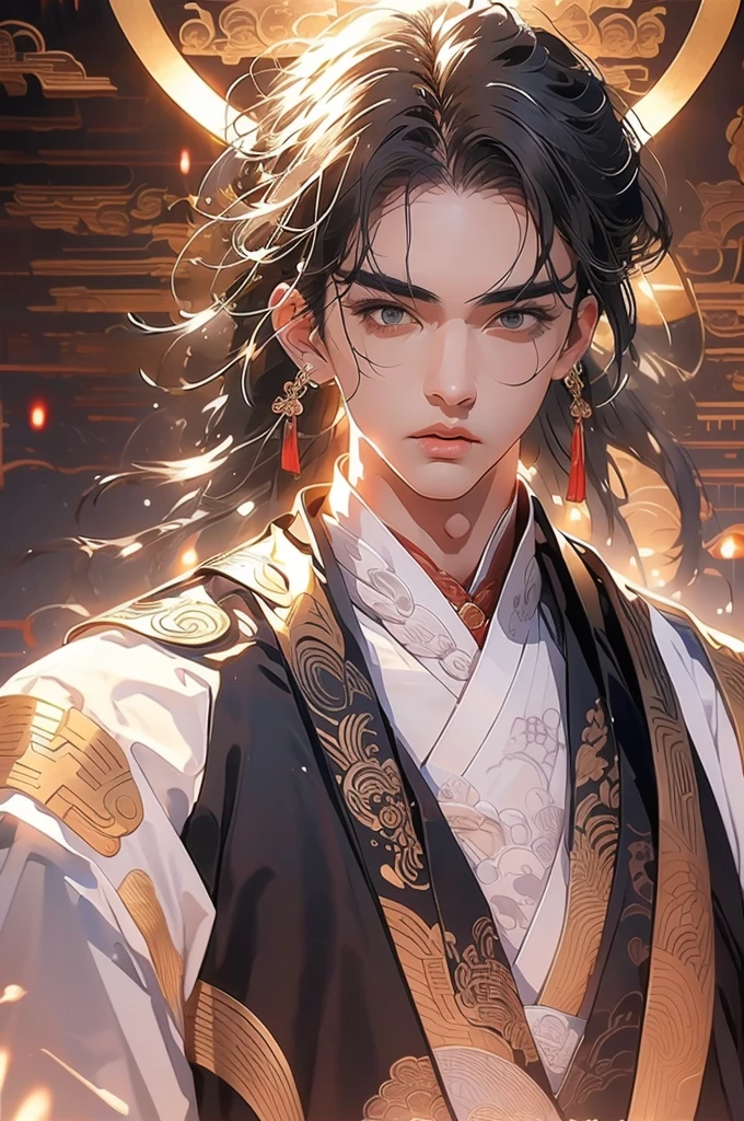 a man in a white robe, young and handsome man, ponytail, waist-length hair, ancient Chinese clothing, qi, a huge saber, ancient Chinese buildings in the background, night, powerful character, purple rays, a beautiful landscape. Detailed face, thick eyebrows, black eyes, 8k, robe embroidered with gold edges, detailed clothing, xianxia, ​​world of cultivation. ((upper body))