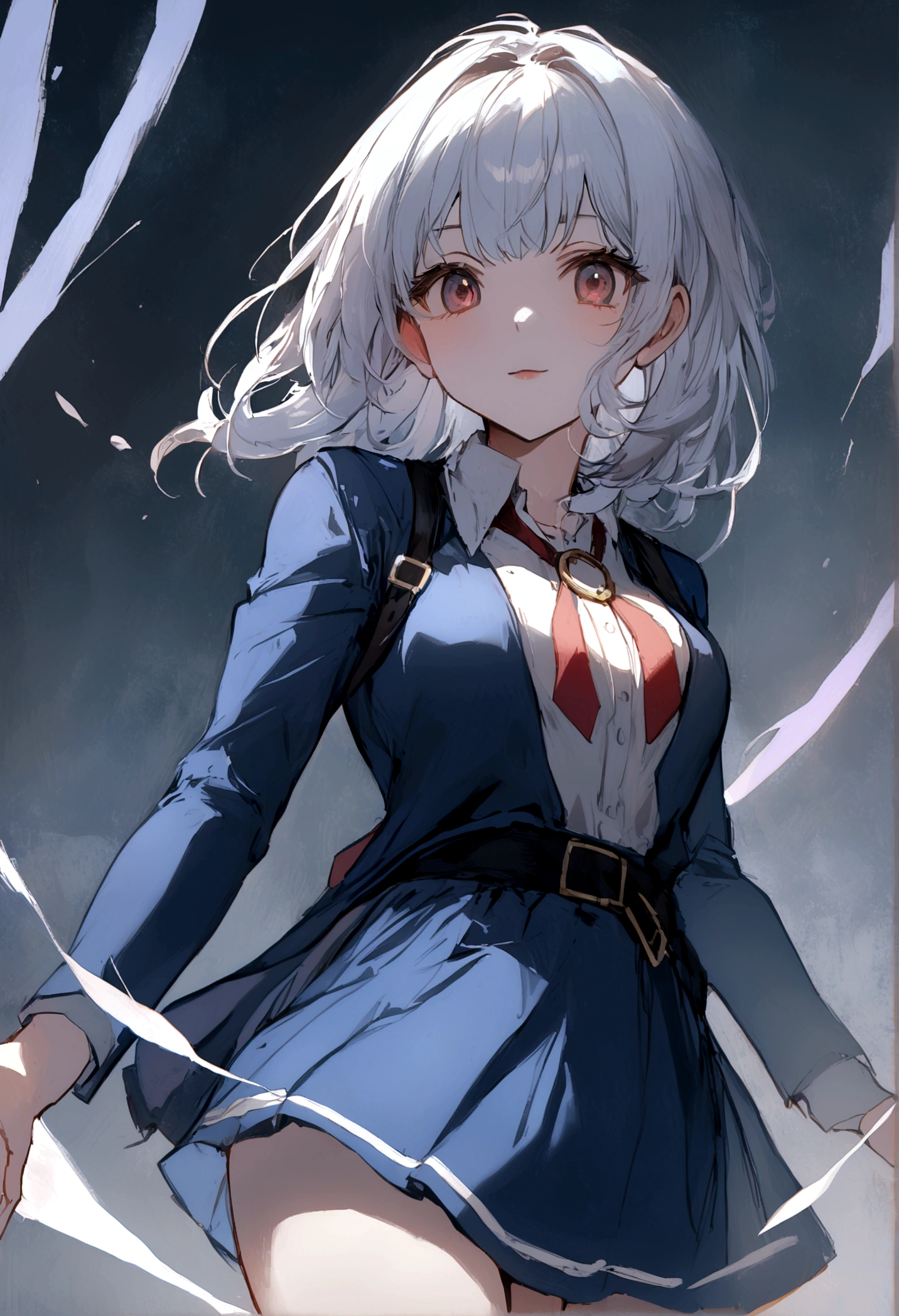 detailed portrait of a beautiful girl wearing a white shirt, red tie, dark blue suit jacket, dark blue miniskirt, white thigh-high socks, and a heart-shaped pendant, (best quality,4k,8k,highres,masterpiece:1.2),ultra-detailed