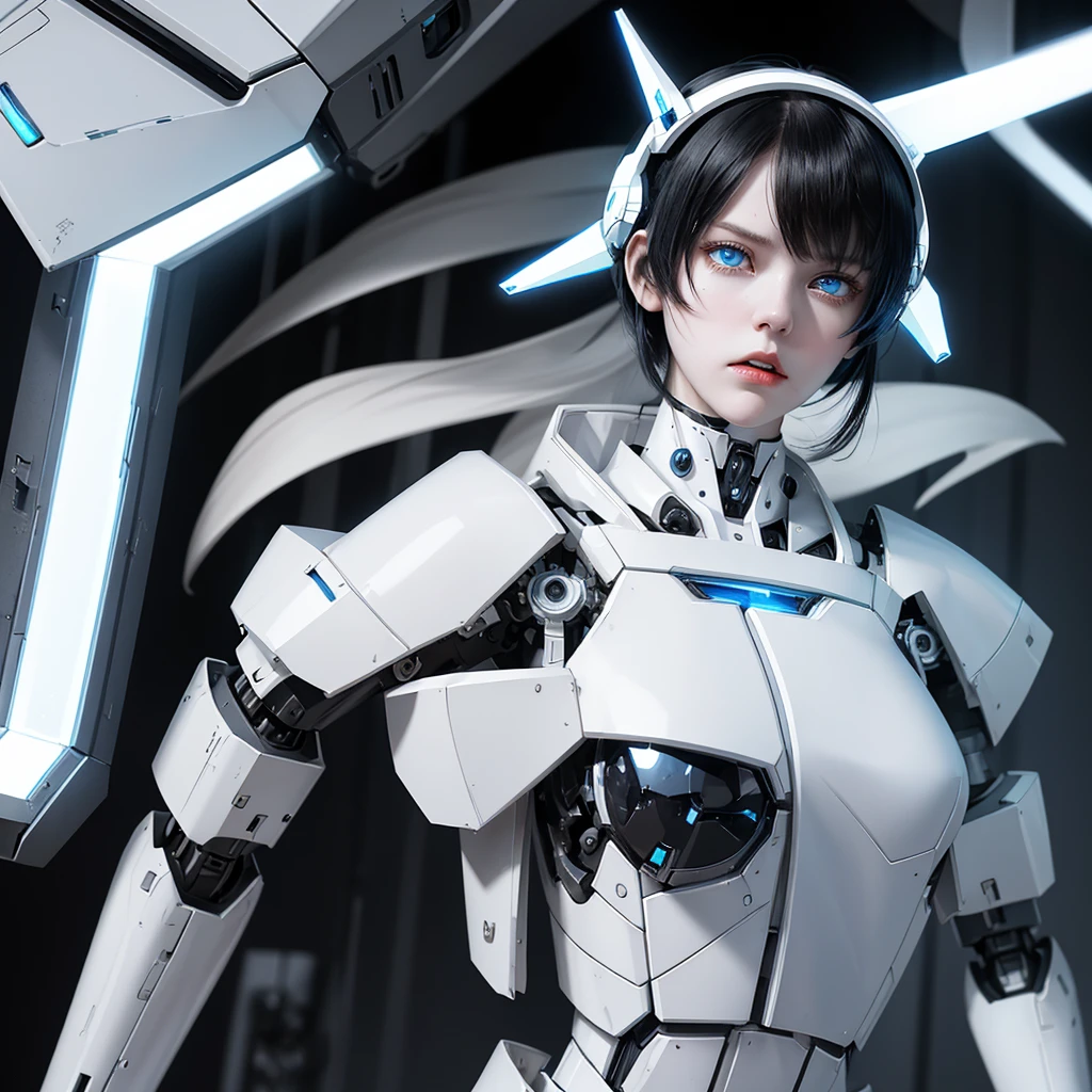 a girl with a full white cyborg body, featuring sleek and high-tech components. She has beautiful short black hair and bangs, blue eyes, and an angry expression. with her polished mechanical limbs and torso emphasizing her intense emotions. ((white robot mecha headgear)), ((white cyborg body)), headband