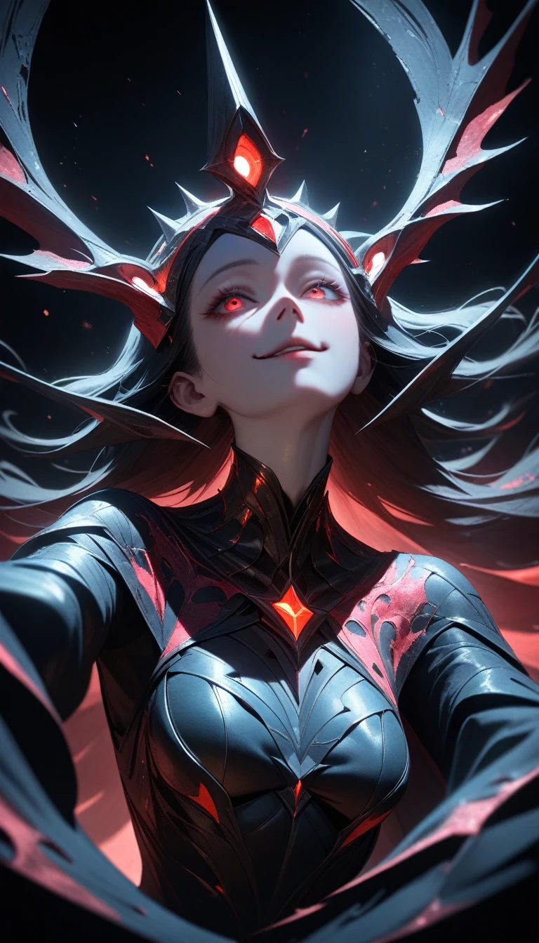 a high angle of a gorgeous alien, sly smile with all of her pitch-black eyes facing upwards, scary , ultra wide-angle, Grainy , mysterious color , infrared lighting . Super detailed, photorealistic, splattered, spattered , cinematic light , black background , Cycles render, intricate artwork masterpiece , dreamy, glowing, backlit, glamour, vibrant, ultra high quality model, 4K