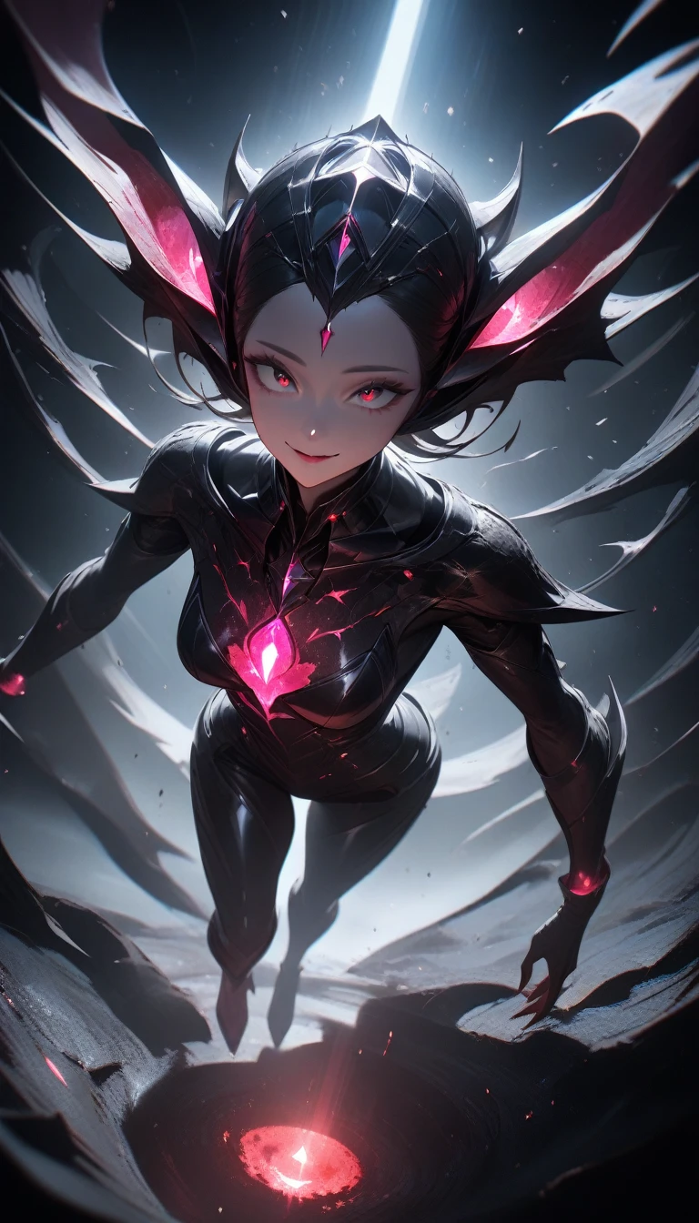 a high angle of a gorgeous alien, sly smile with all of her pitch-black eyes facing upwards, scary , ultra wide-angle, Grainy , mysterious color , infrared lighting . Super detailed, photorealistic, splattered, spattered , cinematic light , black background , Cycles render, intricate artwork masterpiece , dreamy, glowing, backlit, glamour, vibrant, ultra high quality model, 4K