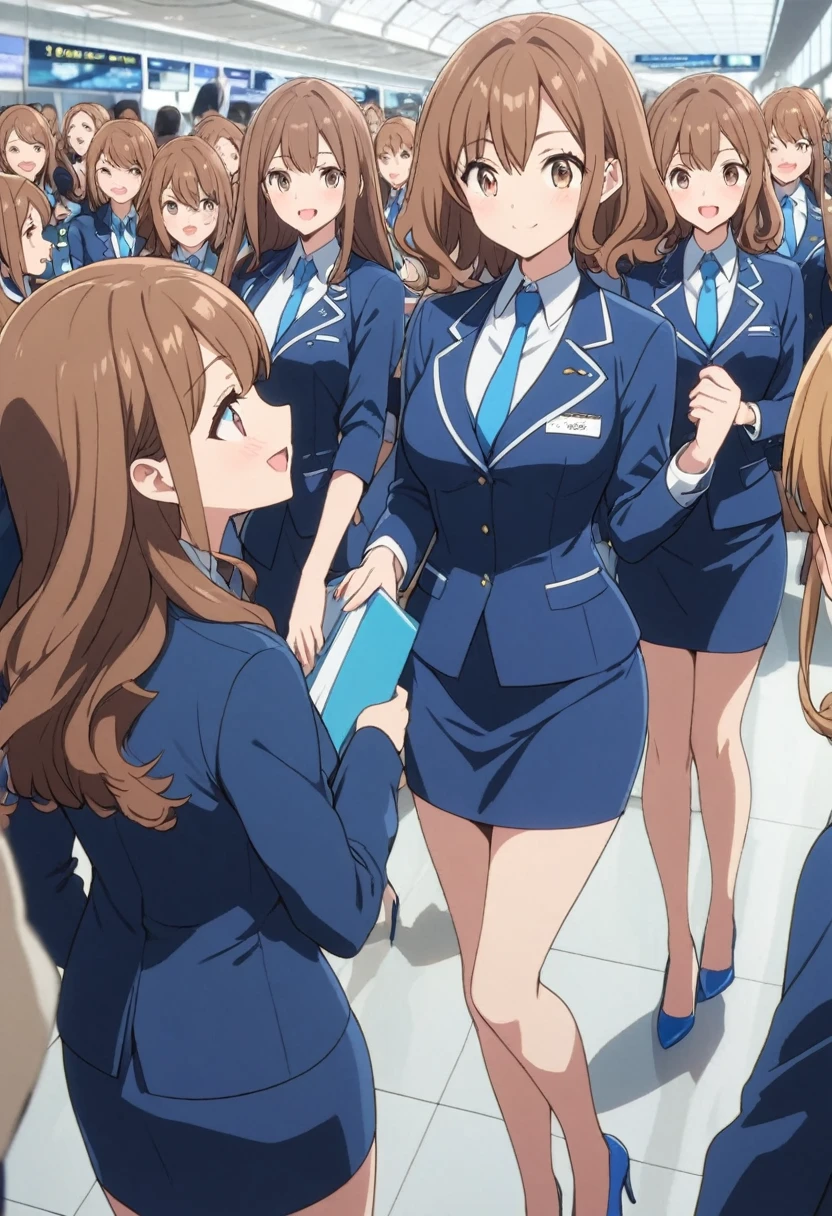 {{Mature Woman, White people}}, View your viewers, Hazel Eyes, Very detailed, Medium chest, Brown Hair, airport, flight attendant, uniform, Blue blazer, Blue tie, Blue Skirt, Midi Skirt, Pencil Skirt, Blue High Heels, Happy, 最high quality, high quality, Very detailed anime screencap, {{{{Crowded, Multiple Girls, Thousands of sisters, Millions of sisters,Billions of Sisters, clone, Doppelganger, Matching outfits, Matching hairstyle}}}}, whole body