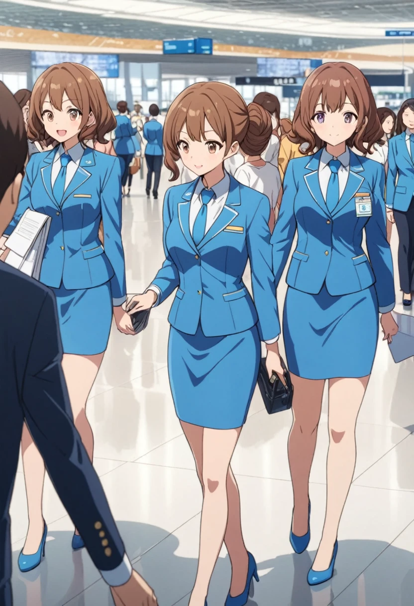 {{Mature Woman, White people}}, View your viewers, Hazel Eyes, Very detailed, Medium chest, Brown Hair, airport, flight attendant, uniform, Blue blazer, Blue tie, Blue Skirt, Midi Skirt, Pencil Skirt, Blue High Heels, Happy, 最high quality, high quality, Very detailed anime screencap, {{{{Crowded, Multiple Girls, Thousands of sisters, Millions of sisters,Billions of Sisters, clone, Doppelganger, Matching outfits, Matching hairstyle}}}}, whole body