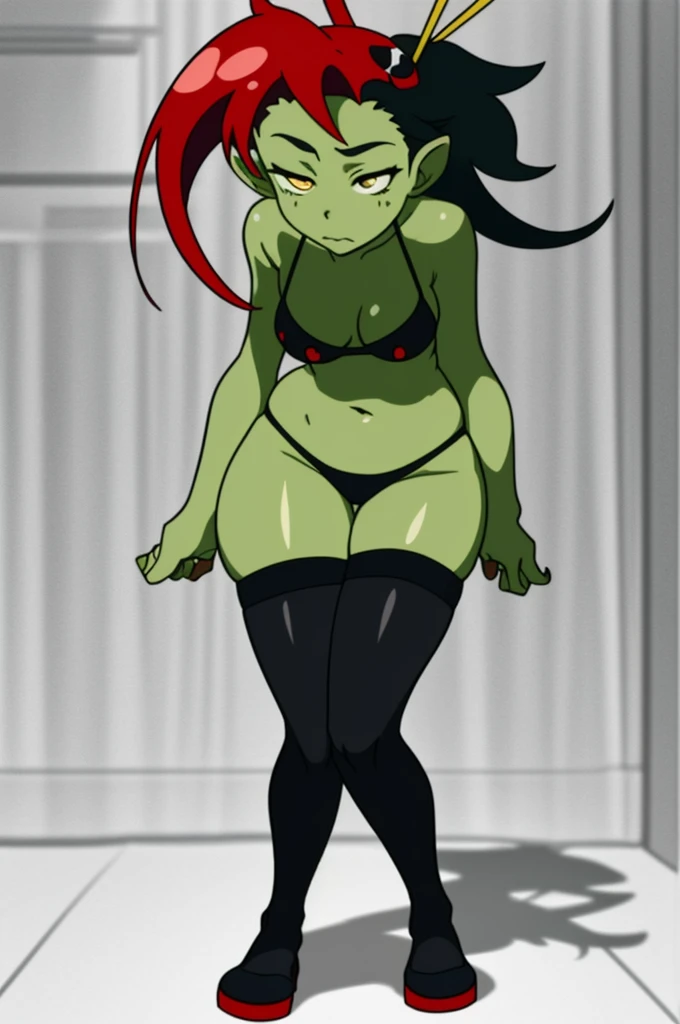 1 girl, small, goblin girl, female goblin, goblin, green skin, large ears, full body, Yoko Littner, (Yoko Littner clothes)
