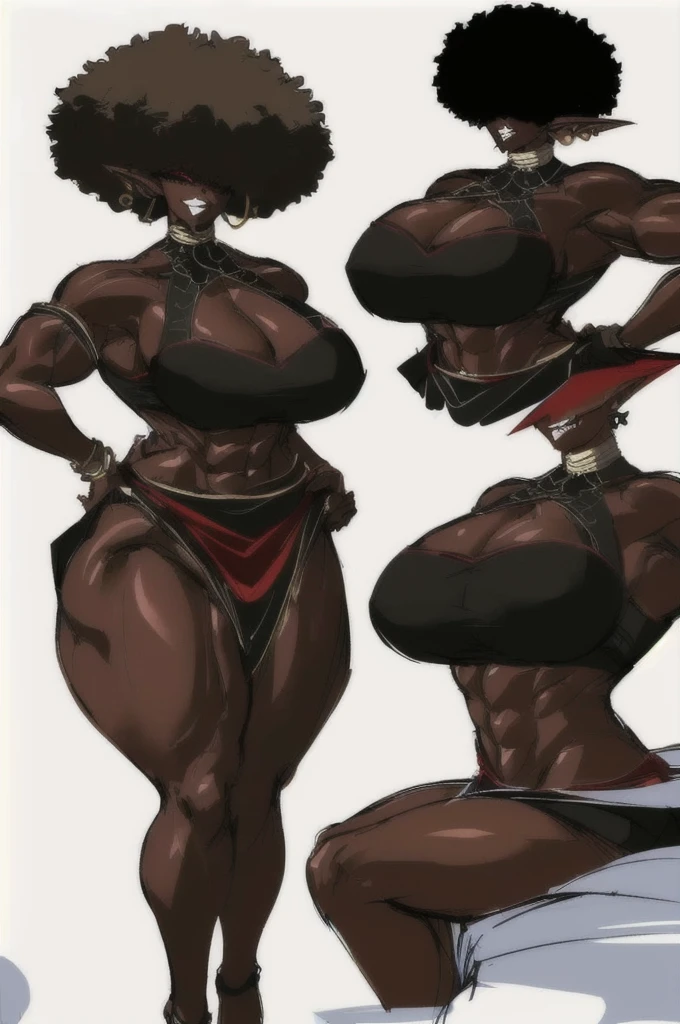 (masterpiece, best quality:1.2),1 girl, voluptuous body, full body, masterpiece, nt pose, good anatomy, no extra limbs, big ass, tk thighs, black hair, voluminous afro, pointy ears, gold earrings, black top with red details, black skirt with red details, gold necklaces