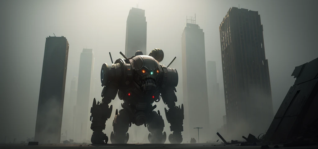 Gray and black colors, concept art, a terrifying zombie with robotic elements on the head, elements of the ruined city in the background, mysterious and sinister atmosphere, disturbing and scary