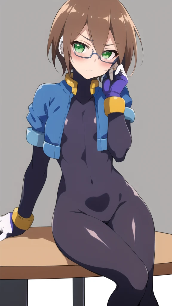 Aile_Megamanzx, 1 Girl, looking at viewer, Brown hair, Green eyes, Simple background , Blushed , Leaning on a table , Glasses , sharped Eyes, Naked, Bunnysuit, pantyhose