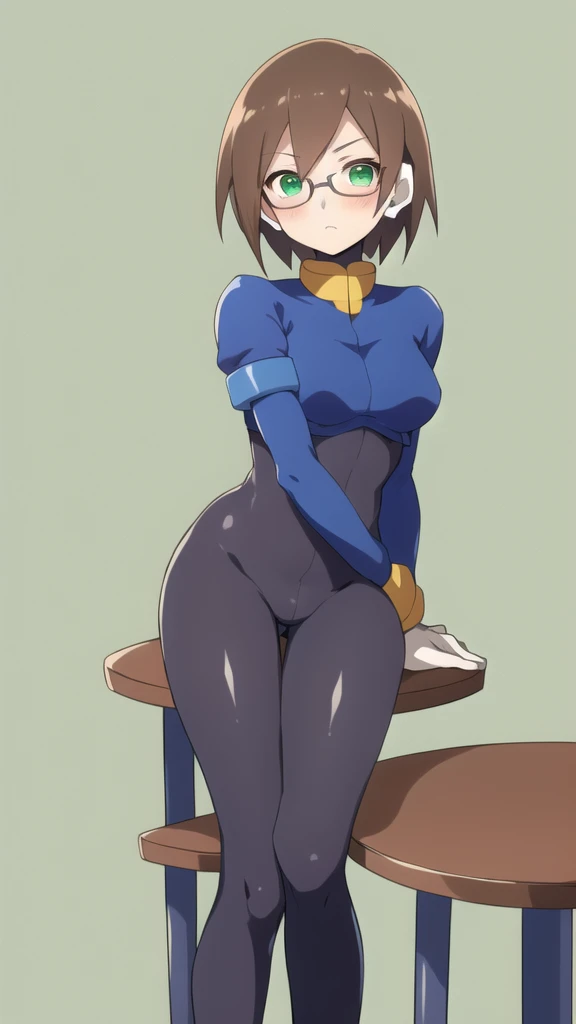 Aile_Megamanzx, 1 Girl, looking at viewer, Brown hair, Green eyes, Simple background , Blushed , Leaning on a table , Glasses , sharped Eyes, Naked, Bunnysuit, pantyhose