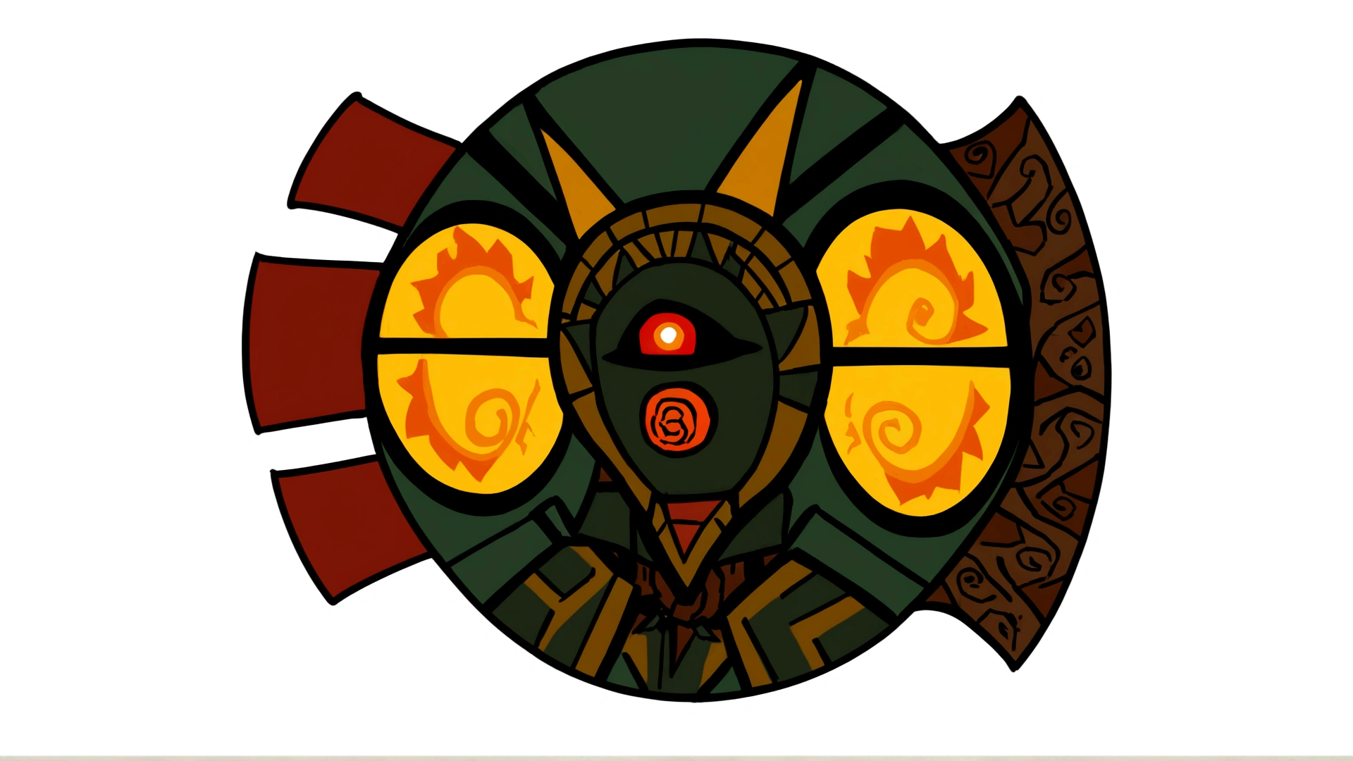 Close-up of a basketball with red and yellow stripes., Spherical robot, The planet was destroyed., teonanacatl symbol, Avatars for websites, black fireball, Ancient symbols behind, Giant Aztec spaceship, unknown art style, Vargayart style, Computer-built, in the art form of quetzecoatl, Scepter and Shield. I would like to have the fire at the bottom on the right side added from this picture.