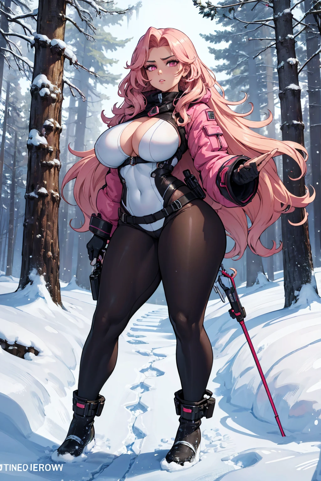 a ultra high quality fully detailed master piece 32k fully body attractive young woman with long brown wavy hair, light skin, pink eyes, a serious face, huge breasts, pink warm spy attire, long snow boots, curvaceous hourglass figure, long legs, thick thighs. This woman wears snow gear. She holds up a pistol in her right hand. Background is a snowy forest in Germany.