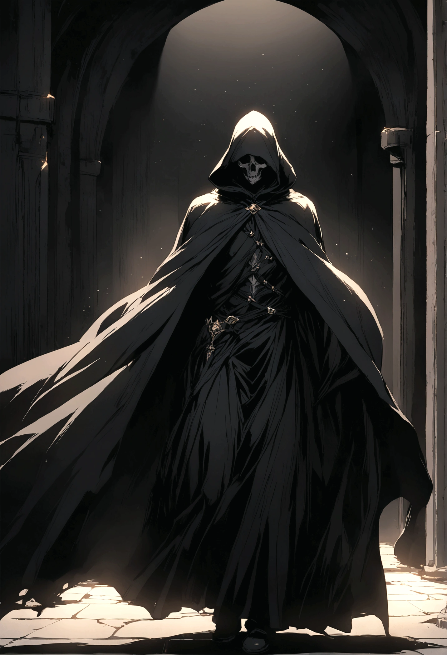 The grim reaper in a dark black cloak covering his entire body full body looking straight
