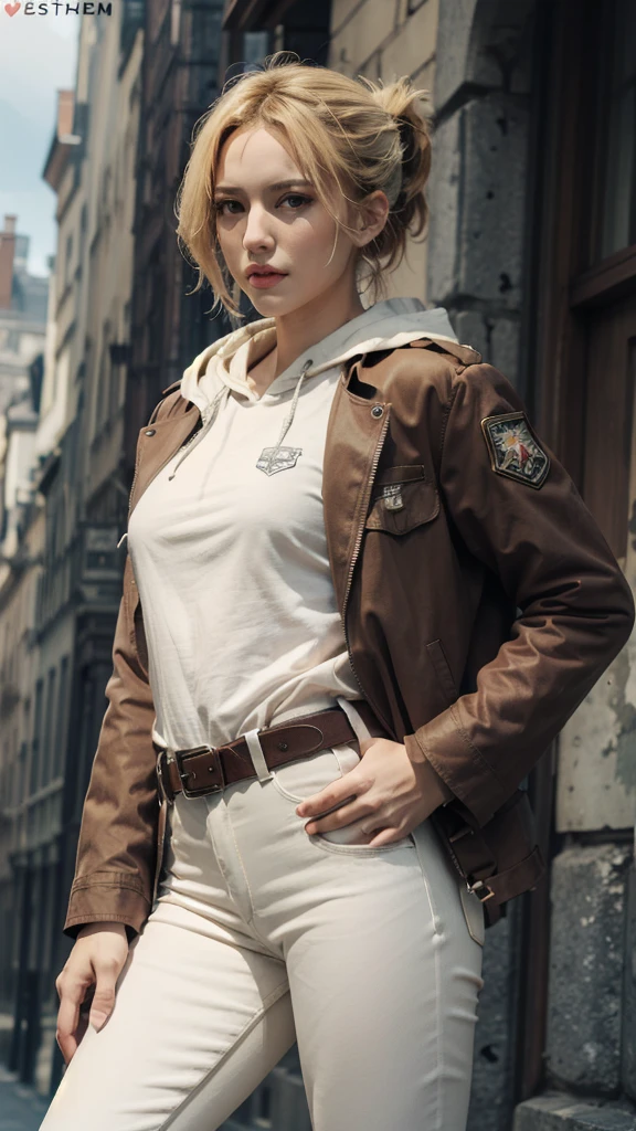 (bestquality,masterpiece), AnnieAOT, solo, hood, hoodie, paradis_military_uniform, jacket, uniform, emblem, feathers, upper body, thigh, hands on hip, emblem, belt, thigh strap, pants, white pants, boots, shirt, white shirt, collared shirt,