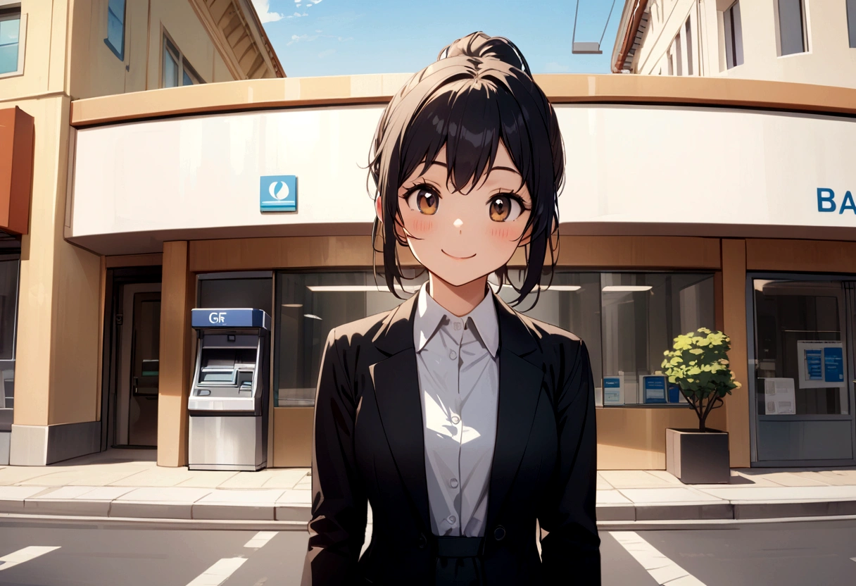 A cute girl with a black ponytail, wearing a black skirt suit, smiling in front of a bank