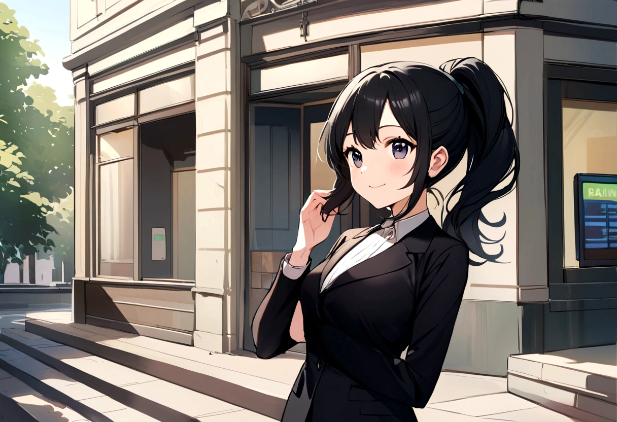 A cute girl with a black ponytail, wearing a black skirt suit, smiling in front of a bank