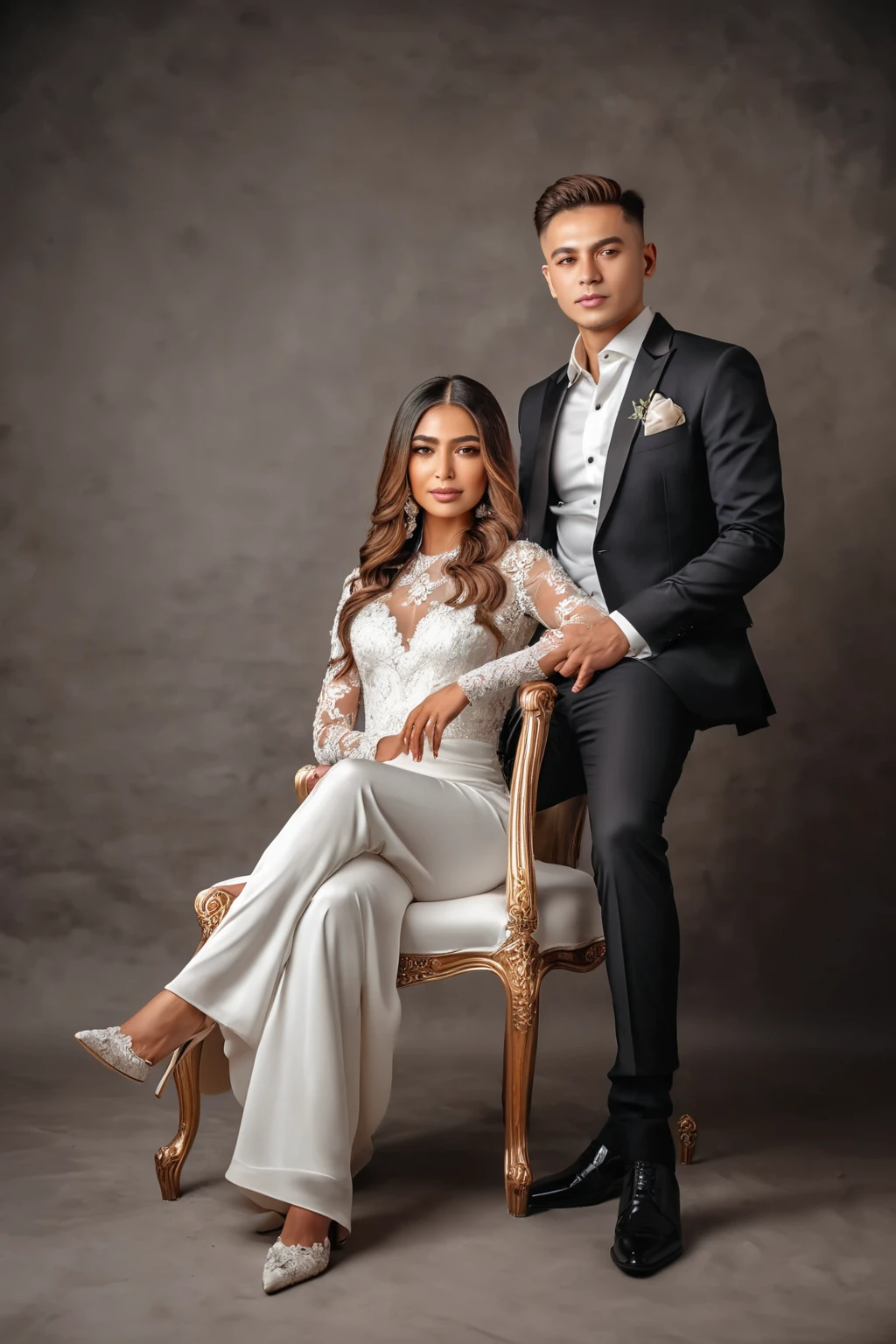 man and woman in white sitting on a chair , a luxury white room in studio , wedding photo, couple portrait, couples portrait, full body photoshoot, couple pose, very luxurious backdrop in photo studio , garden flower backdrop