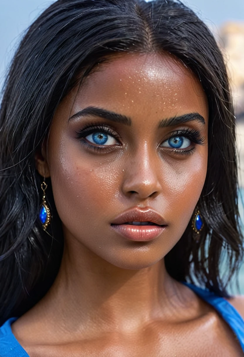 (muste piece, highest quality)((8k)),full body,black hair,black skin ,super detailed,arab girl ,blue eyes ,photorealistic,dark bronze shiny skin,sweaty skin ,wet skin,beautiful female mode,Black woman in clothes from biblical times, blue eyes, in dubai night,,horny, (shiny skin), she is wet and intimate, she has a submissive expression, direct eye contact, hyperrealistic, unreal engine 5,Suggested pose, 8K