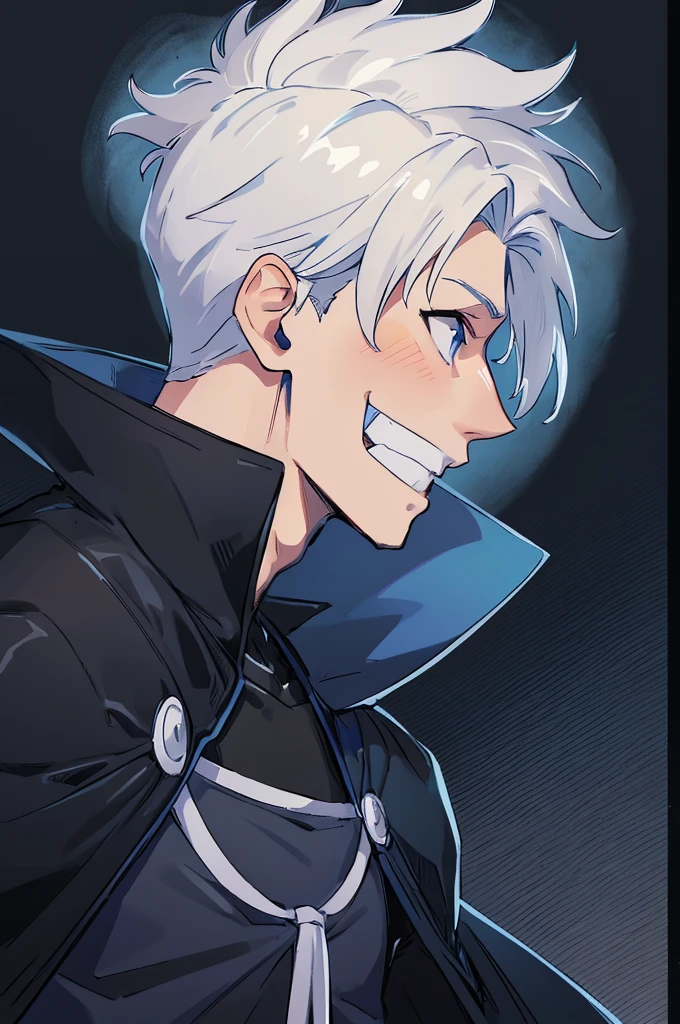 A 20-years-old man, Wearing ninja clothes. Wearing a black cape, Smiling, Anime style, White Hair, Blue eyes, (Side-view: 1.4).