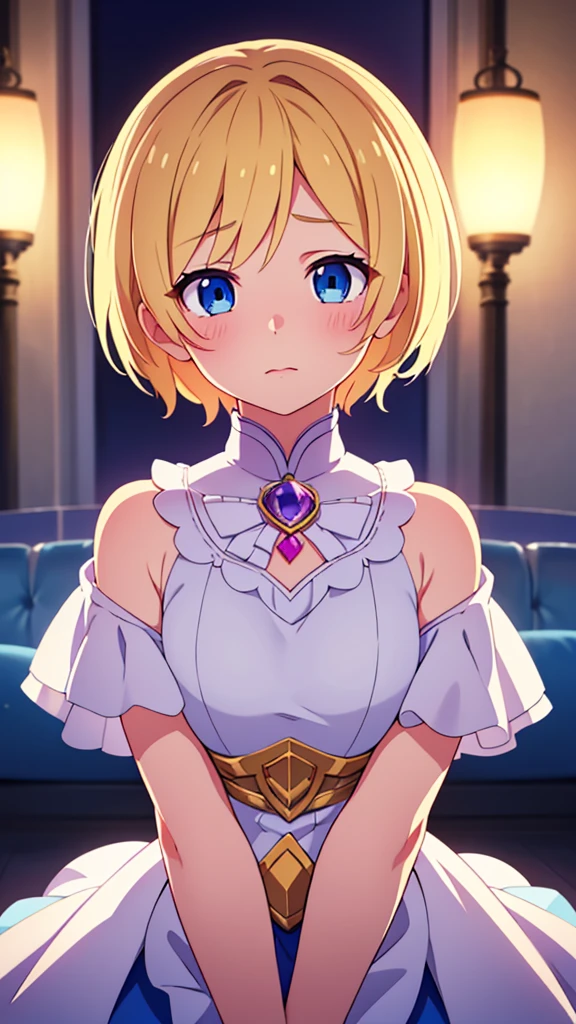 A cute tomboyish magical girl with short blond hair and blue eyes, her magical girl outfit has a masculine touch, she's feeling embarrassed while looking at the viewer, (best quality,4k,8k,highres,masterpiece:1.2),ultra-detailed,(realistic,photorealistic,photo-realistic:1.37),1girl,beautiful detailed eyes,beautiful detailed lips,extremely detailed eyes and face,longeyelashes,magic,cute outfit,embarrassed expression,short hair,blond hair,blue eyes,magical girl,tomboy,fantasy,soft lighting,warm colors
