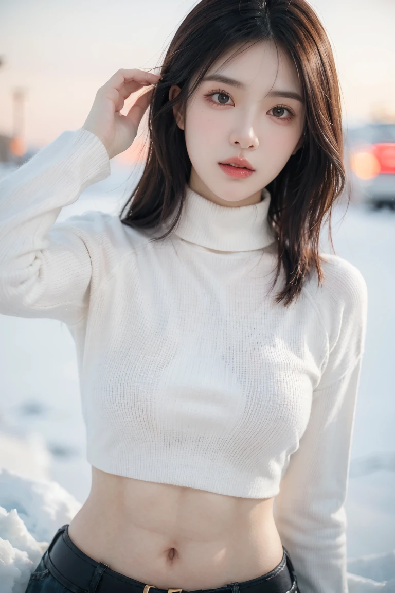 girl in winter scene, Crop top turtleneck sweater,Sexy abs,Low-rise pants, Metal belt,cowboy shot, The abdomen is completely exposed, Detailed facial features, beautiful eyes, Lips, and long eyelashes, Reality, 8K, Very detailed, Studio Lighting, Dramatic Lighting, Vibrant colors, work, Cold winter atmosphere