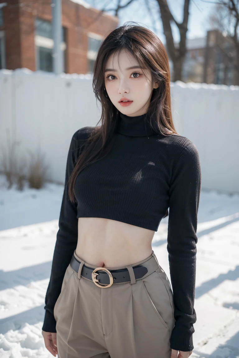 girl in winter scene, Crop top turtleneck sweater,Sexy abs,Low-rise pants, Metal belt,cowboy shot, The abdomen is completely exposed, Detailed facial features, beautiful eyes, Lips, and long eyelashes, Reality, 8K, Very detailed, Studio Lighting, Dramatic Lighting, Vibrant colors, work, Cold winter atmosphere
