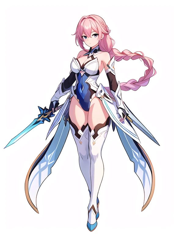 (((Best Quality))) , ((full body)), An adult female, (((white background))), variety of hairstyles, variety of design, gauntlets, leotard, body stocking, (cropped shoulders), holding great sword, gloves, stand posture, ((skyblue theme costume)), pink hair, thong, (braid),
