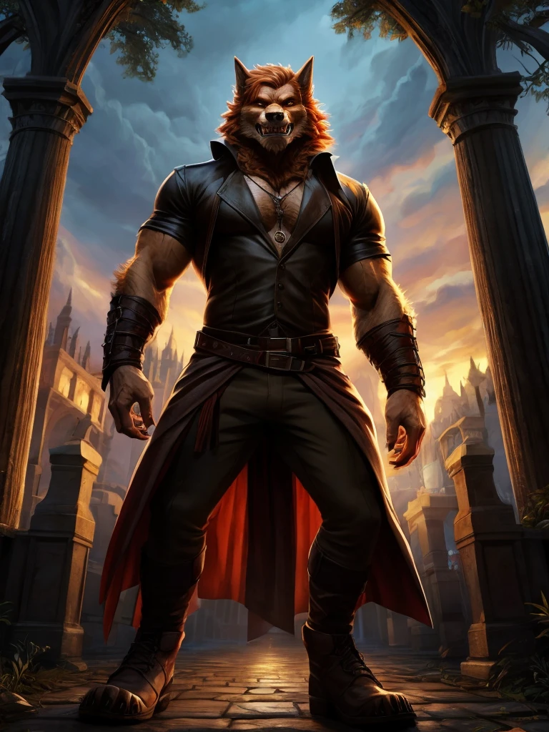 A full body view of a ginger male werewolf wearing clothes that werewolves typically wear.