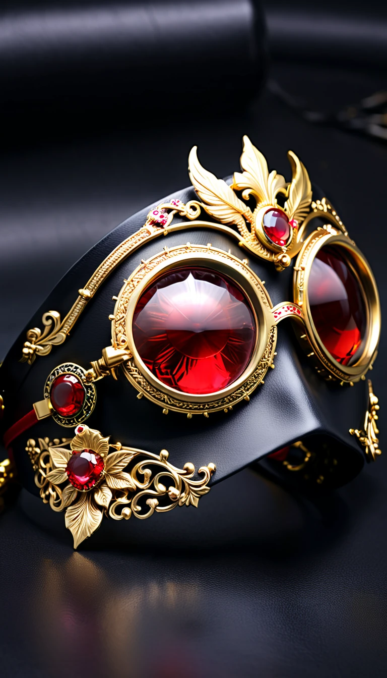 a detailed eye patch, intricate golden decorations, red ruby decorations, black material, extremely detailed, item design