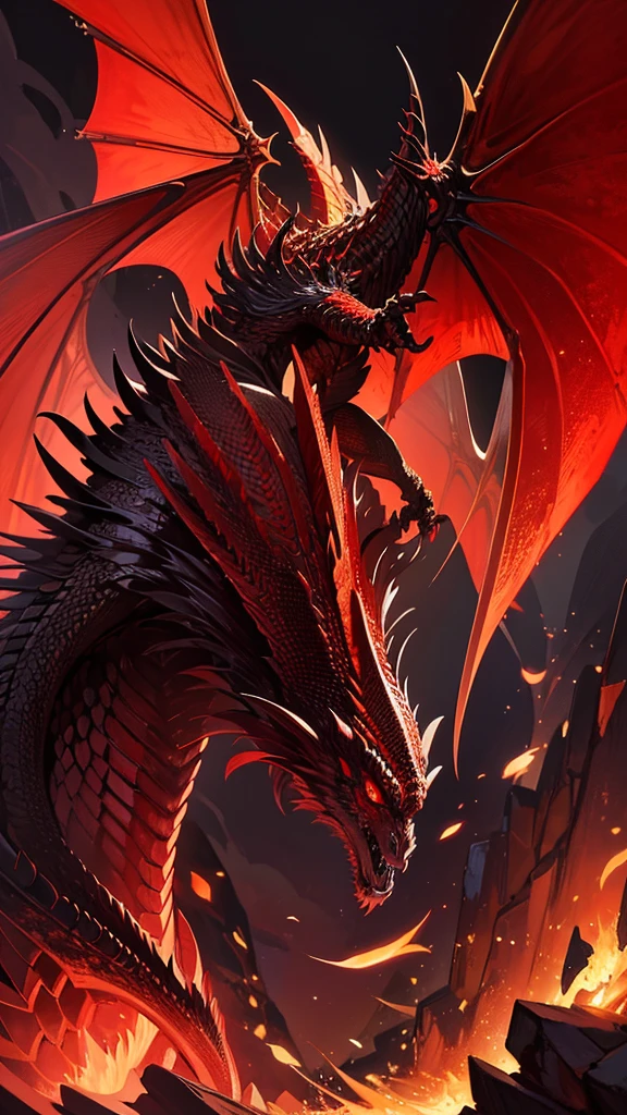 a powerful majestic red and white dragon with 2 pair of wings, realistic, masterpiece, detailed, fantastical, imaginative, powerful, strong, black background, intricate scales, glowing eyes, sharp claws, mythical creature, Indonesia inspired, dramatic lighting, photorealistic