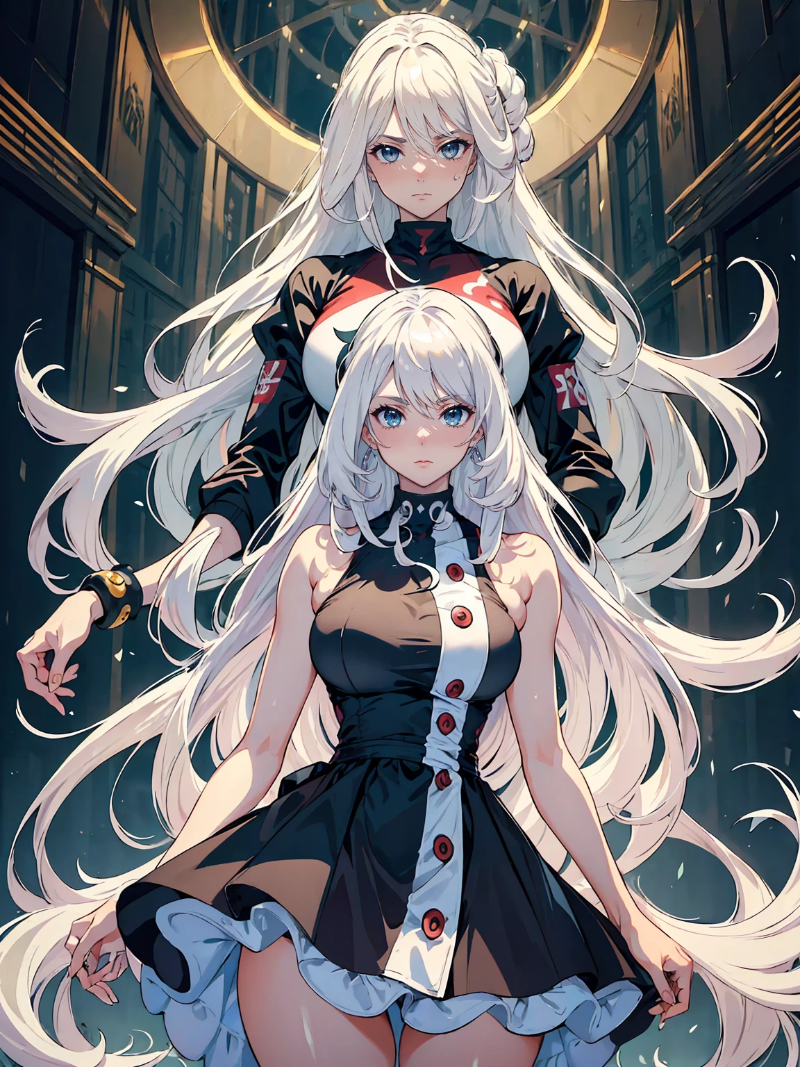 handsome mature woman，Long wavy white hair，Hyperresolution，accuracy，Detailed rendering，（Subtle facial image）（Image of fine hair）（topquality）（Masterpieces of masters）（High degree of completeness）（A sense of atmosphere）tmasterpiece，Super detailed and super detailed（half-body portrait）((Masterpiece, Highest quality)), Detailed face, CharacterDesignSheet, Full of details, Multiple poses and expressions, Highly detailed, Depth, Many parts，Beautiful，Extremely beautiful，High Balance, Natural light, drawn art style, white hair, curly hair down to ankles, ankle length hair, (((Ankle length hair))) (((thick hair))) (((pokemon trainer)))(((Pokemon gym leader))))(((Gym clothes)))(((Sporty outfit)))(((nO DRESS))) (((bAEBALL CAP)))(((Gym outfit)))(((Workout outfit)))(((Portrait)))(((Looking fierce)))(((Fierce expression)))
