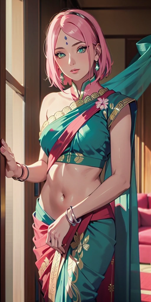 Big , ((wearing indian only blue saree)) , ((saree covering full body)), (blue saree) fullbody, good anatomy, masterpiece, best quality, 4k, 8k, professional photography, soft light, sharp focus, 1 girl, sakura haruno, pink hair, parted banks, detailed face+green eyes, open lips, lipstick, show, show, ass show, from behind, ((hands on blouse)), very detailed contrasted makeup
