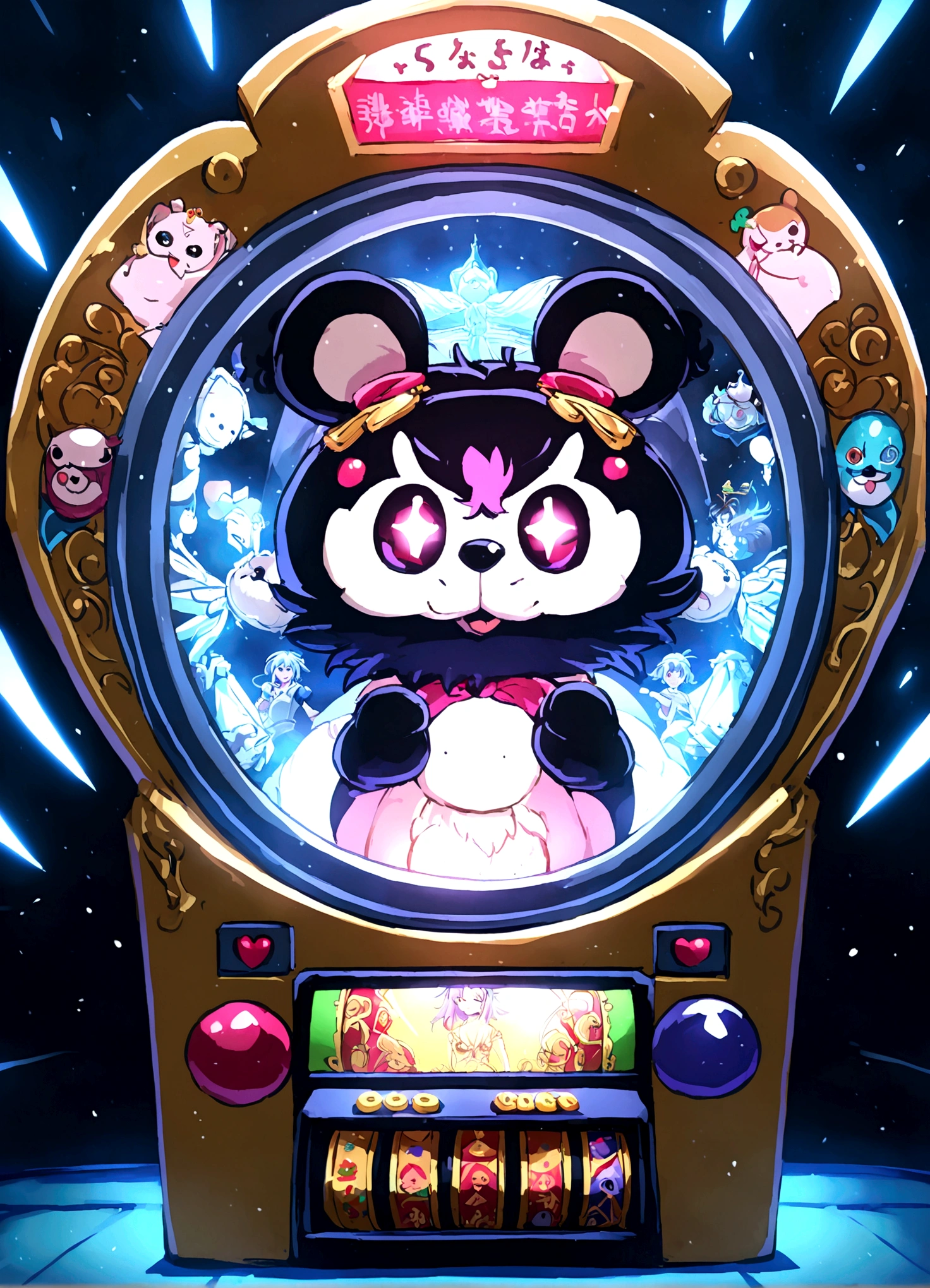 make a mascot slot machine on the panel, caca niquel, segurando uma moeda, detalhado, e um letreiro escrito Kaji, anime style, manga style