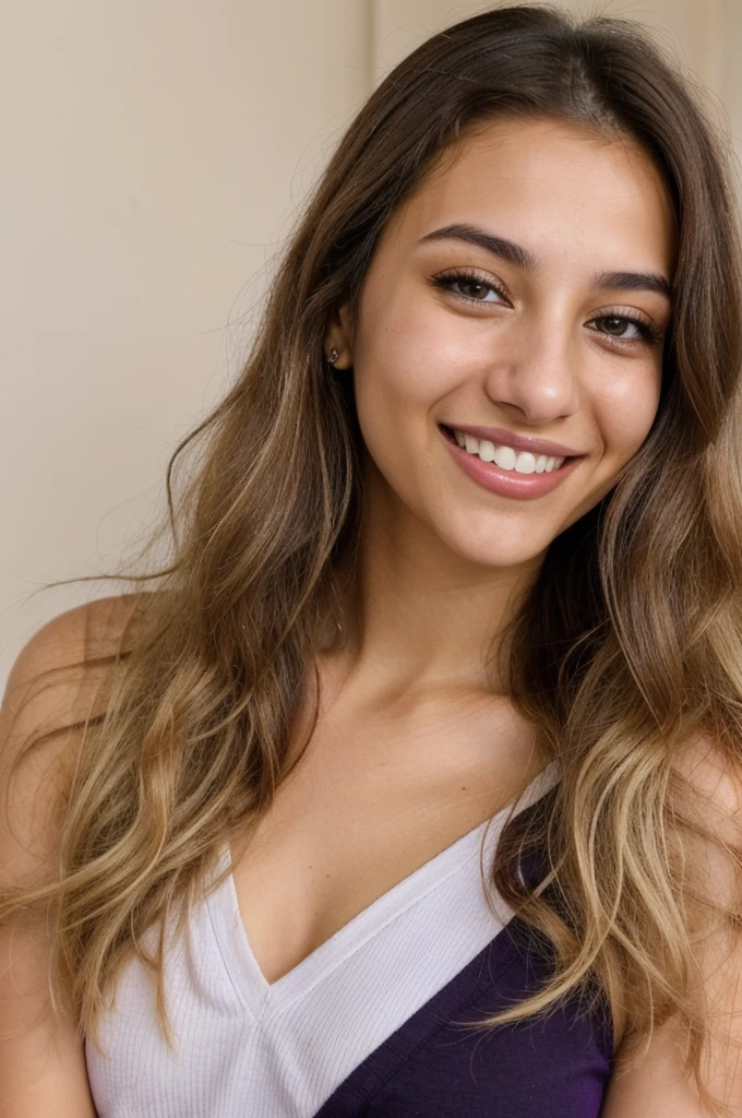 24YO,one attractive Jordanian women, purple shirt, cute smile, cute face, white teethes, skinny face, light brown eyes, small nose, black/blonde long hair