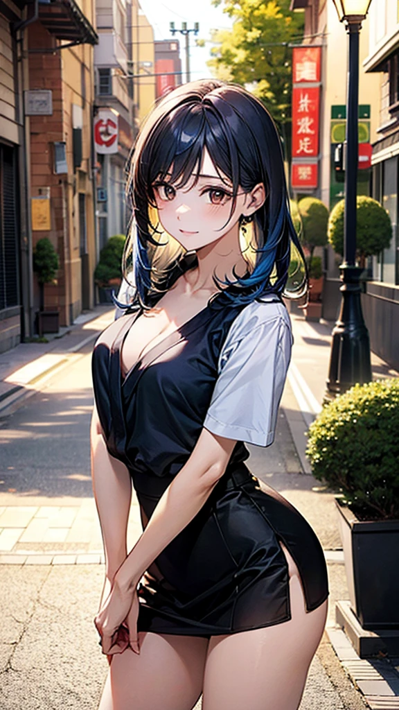 ((Highest quality)), ((High resolution)), ((masterpiece)), ((detailed)), Japanese, One mature woman, Beautiful Face, Beautiful details, Beautiful Hair, Blue Hair, Chestnut brown eyes, Beautiful clavicle, Beautiful body, 美しいThighs, (Thighs:0.8), Beautiful legs, Beautiful Hands, Cleavage, (Collared shirt, mini skirt), Pee, Peeの染み, evening, Street lamp, street tree, Beautiful views,